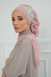 Yandan Fırfırlı Çiçek Aksesuarlı Şifon Hazır Türban,HT-102,HT-102