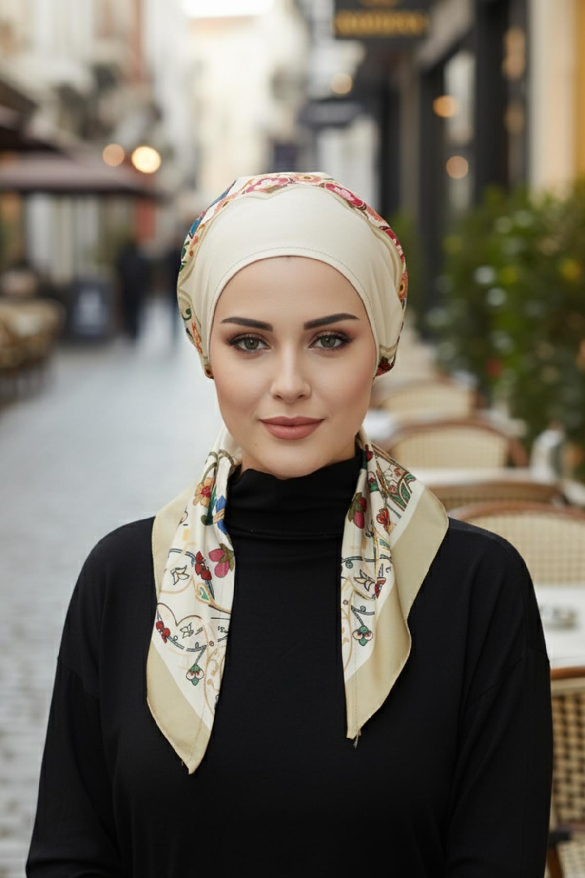 Arkadan Bağlanabilir Desenli Bone Türban,DB-202