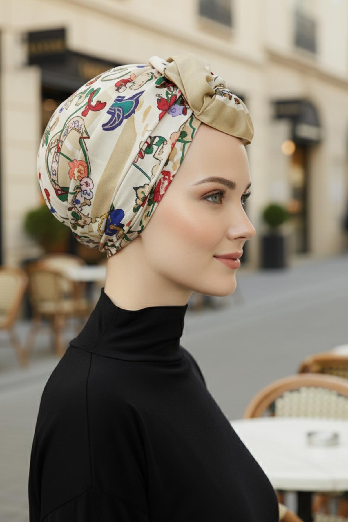 Arkadan Bağlanabilir Desenli Bone Türban,DB-202
