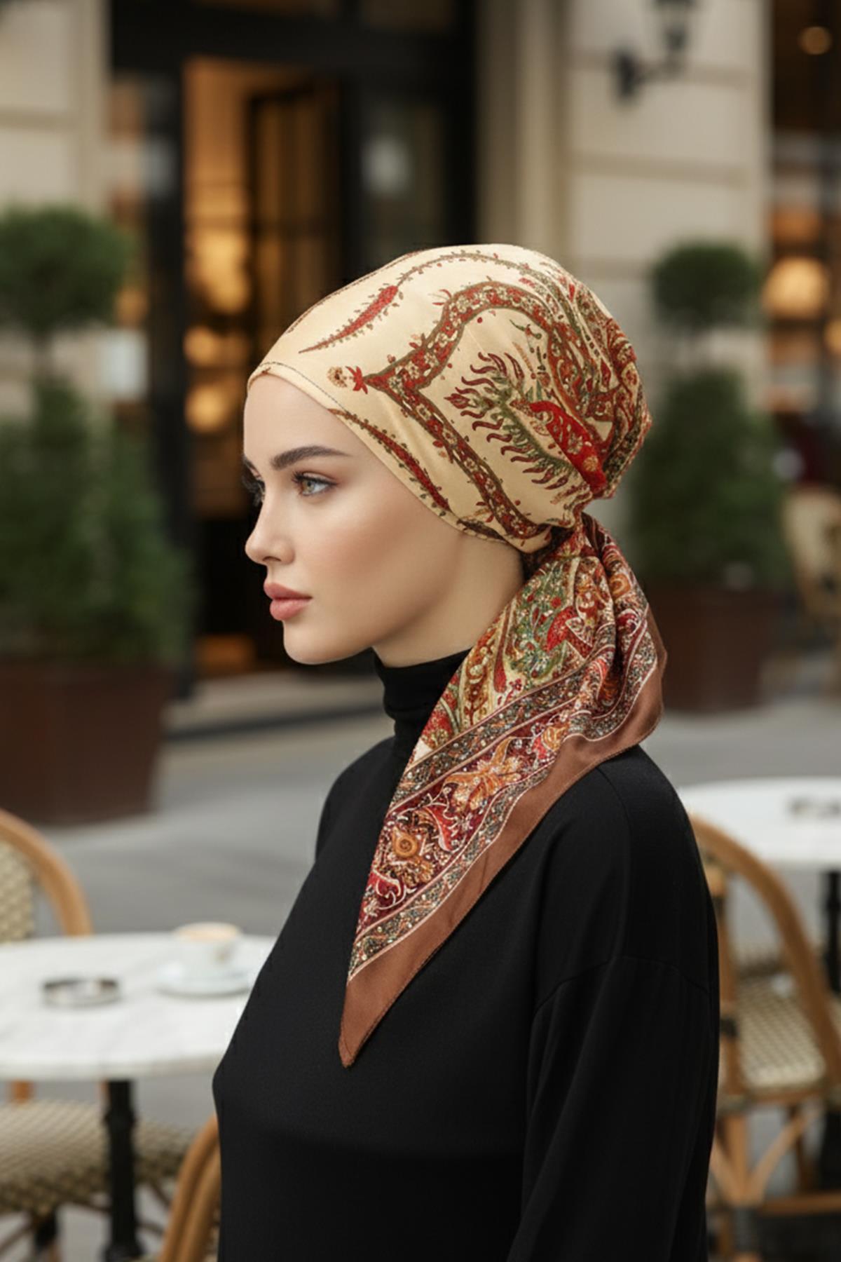 Arkadan Bağlanabilir Desenli Bone Türban,DB-203