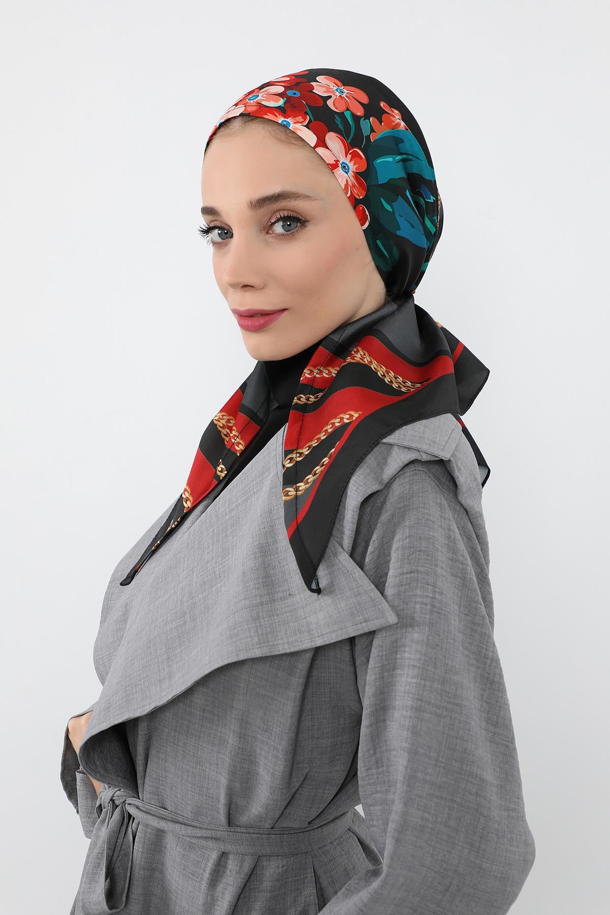 Arkadan Bağlanabilir Desenli Saten Bone Türban,DB-116