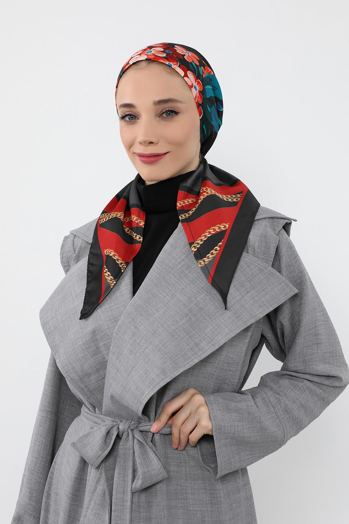 Arkadan Bağlanabilir Desenli Saten Bone Türban,DB-116