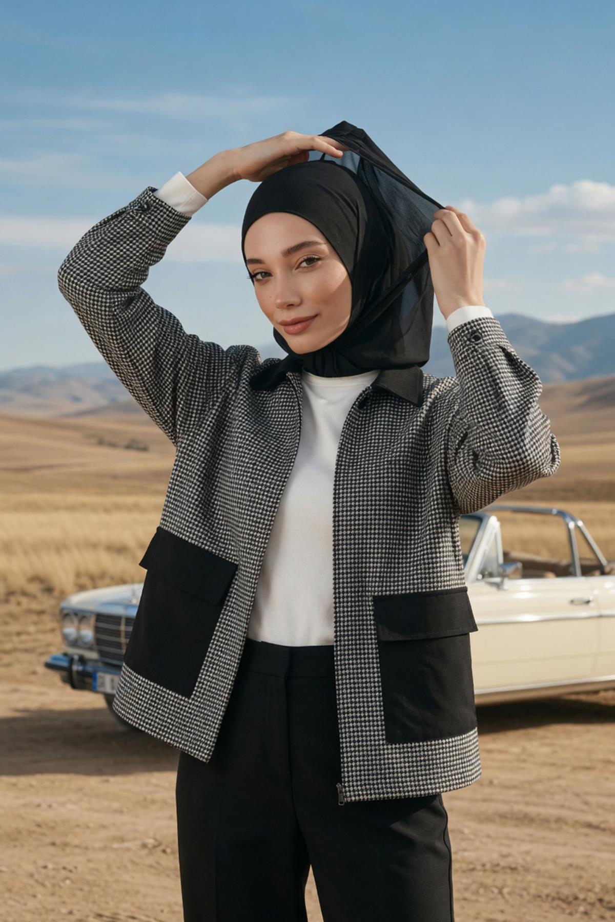 Boyun Kapatıcı Özellikli Şifon Kapşonlu Penye Bone,B-95