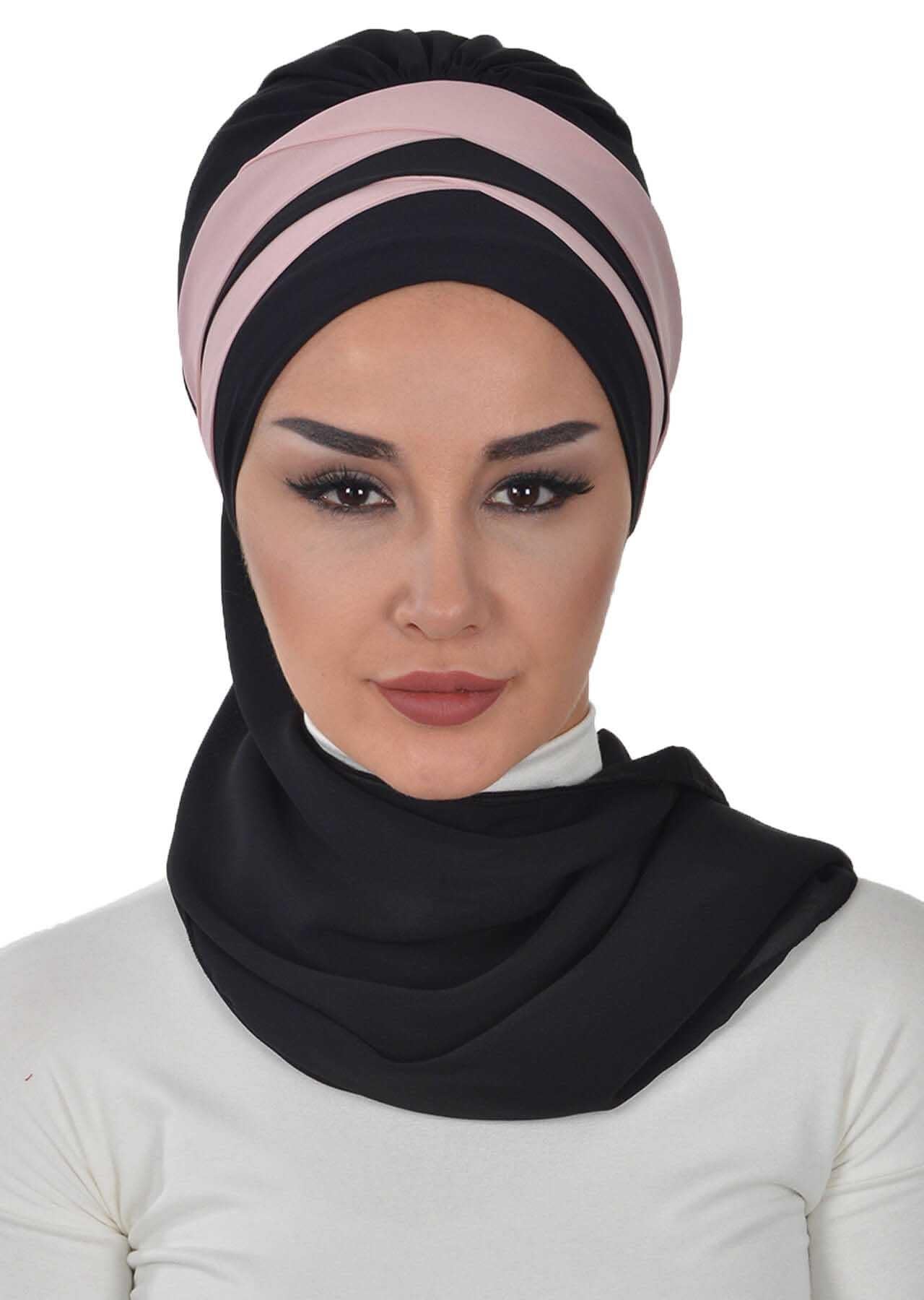Çapraz Dikim Çift Renkli Fularlı Şifon Hazır Türban,HT-52,HT-52