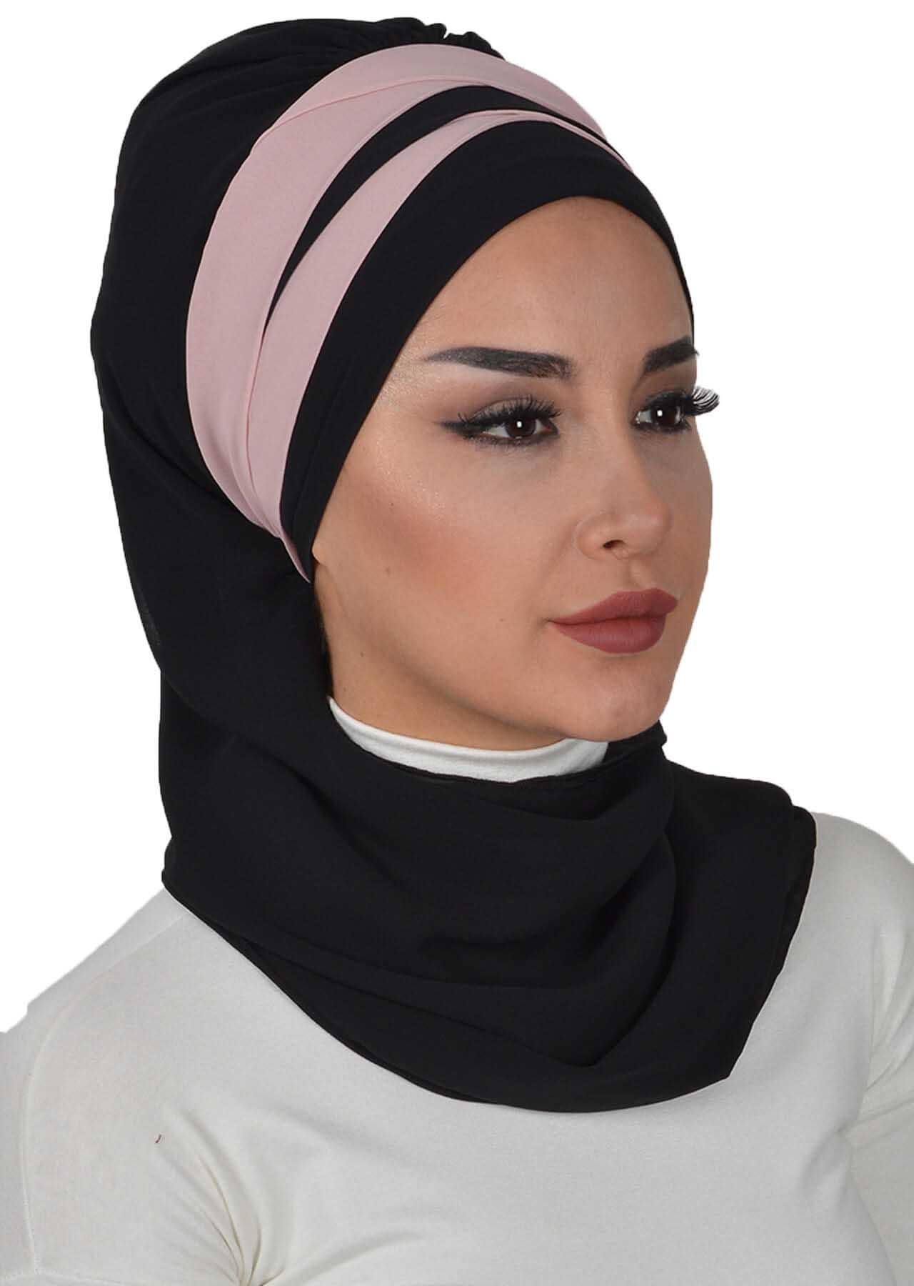 Çapraz Dikim Çift Renkli Fularlı Şifon Hazır Türban,HT-52,HT-52