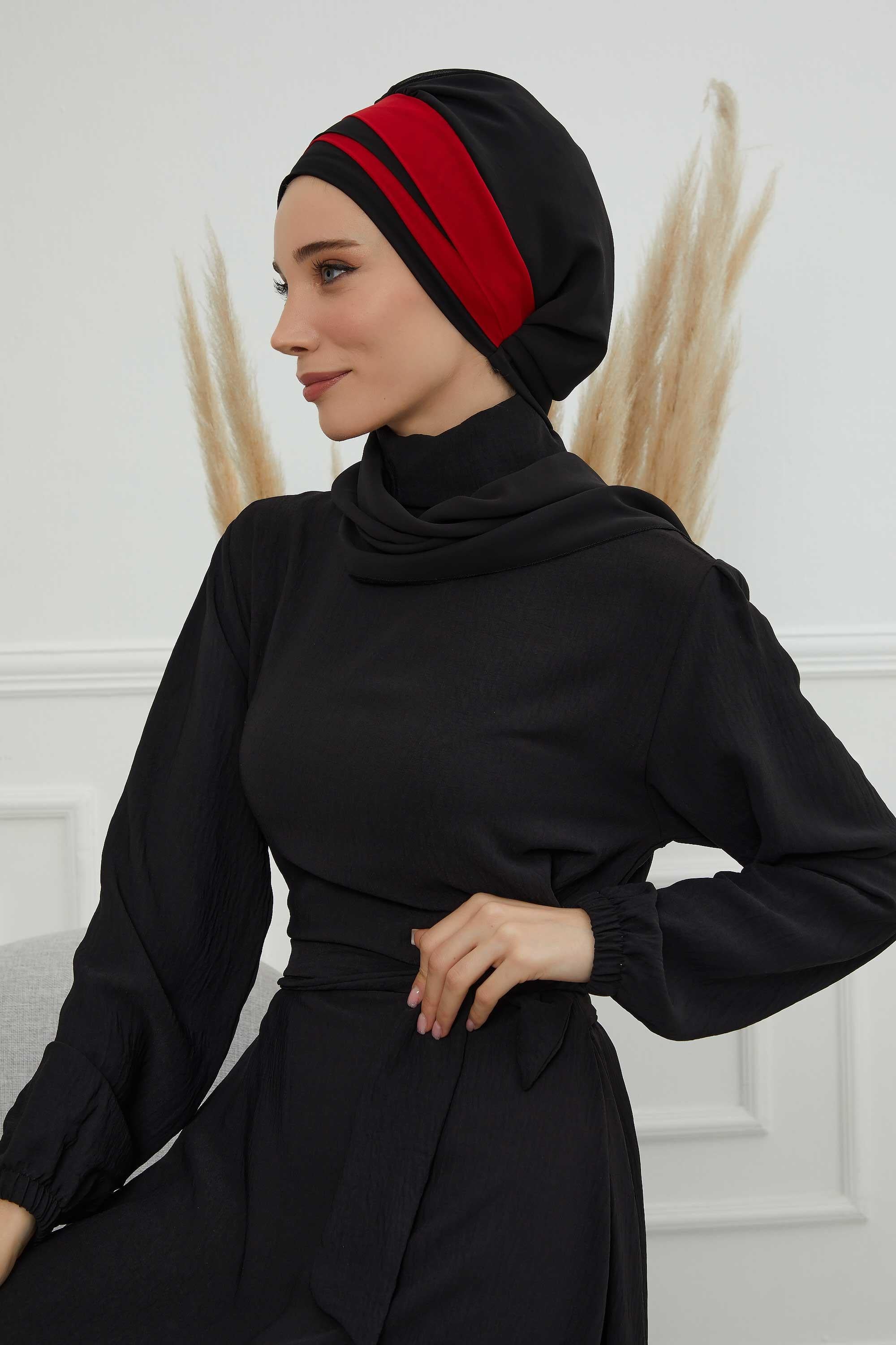 Çapraz Dikim Çift Renkli Fularlı Şifon Hazır Türban,HT-52,HT-52