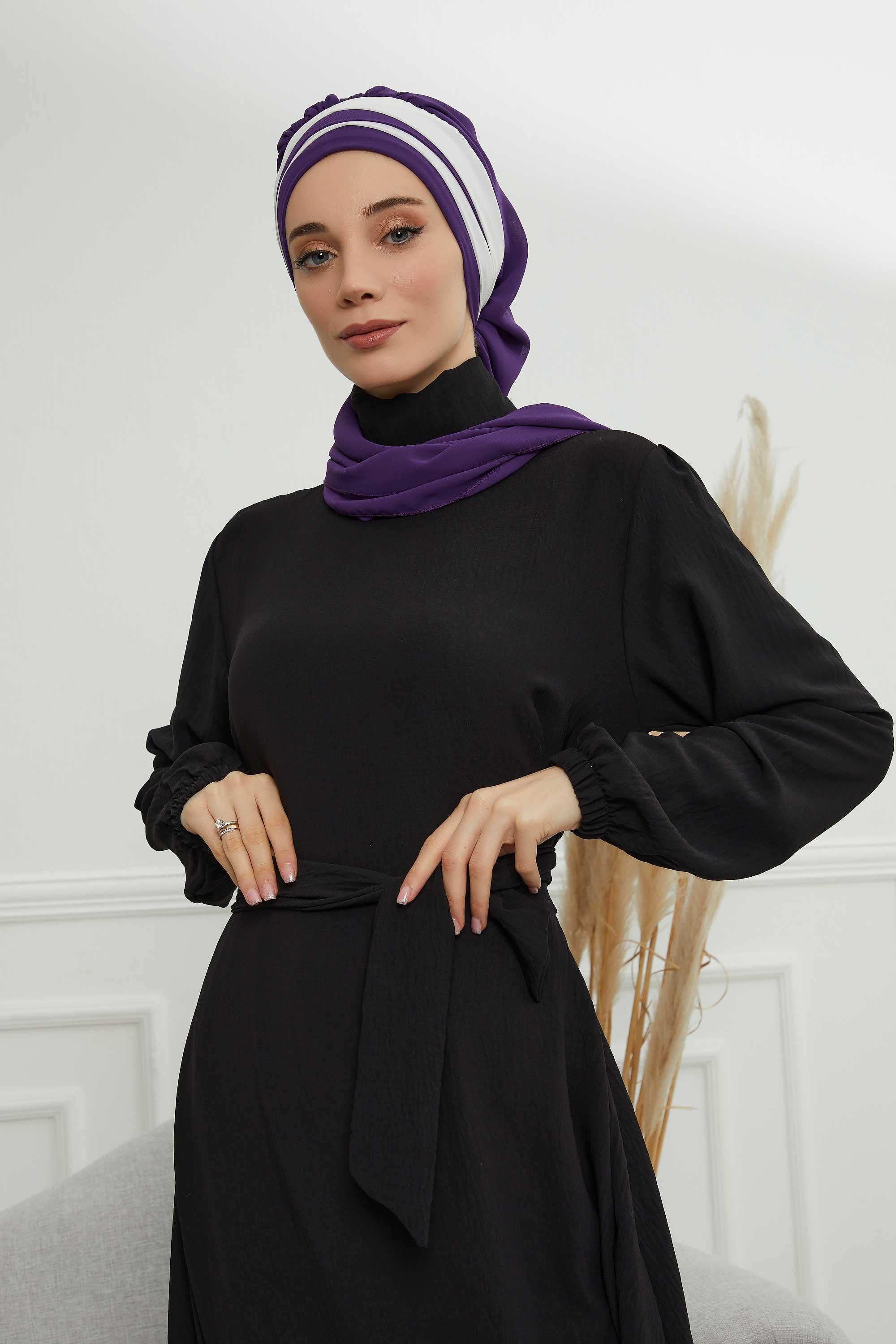 Çapraz Dikim Çift Renkli Fularlı Şifon Hazır Türban,HT-52,HT-52