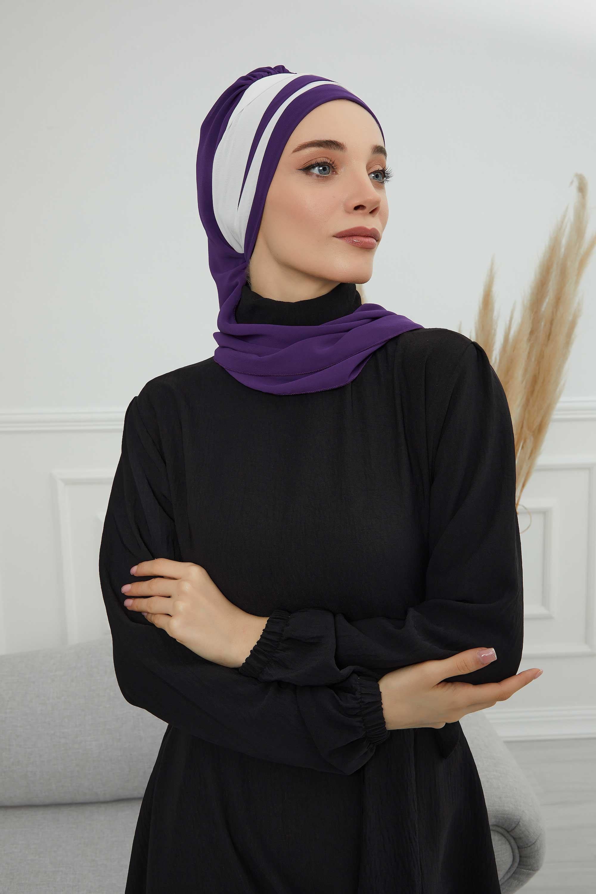 Çapraz Dikim Çift Renkli Fularlı Şifon Hazır Türban,HT-52,HT-52