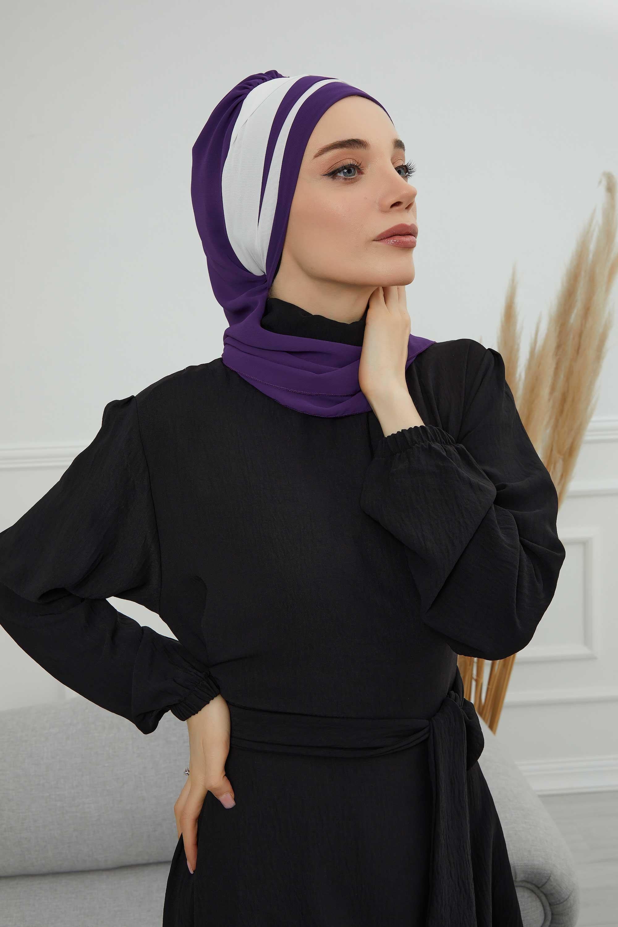 Çapraz Dikim Çift Renkli Fularlı Şifon Hazır Türban,HT-52,HT-52