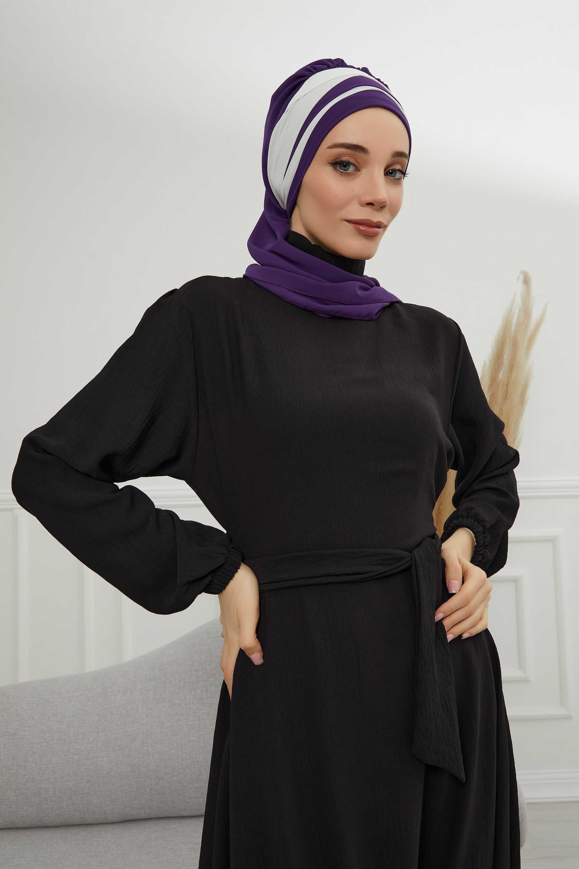 Çapraz Dikim Çift Renkli Fularlı Şifon Hazır Türban,HT-52,HT-52
