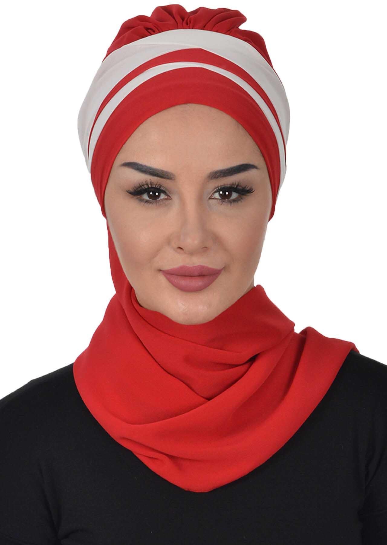 Çapraz Dikim Çift Renkli Fularlı Şifon Hazır Türban,HT-52,HT-52