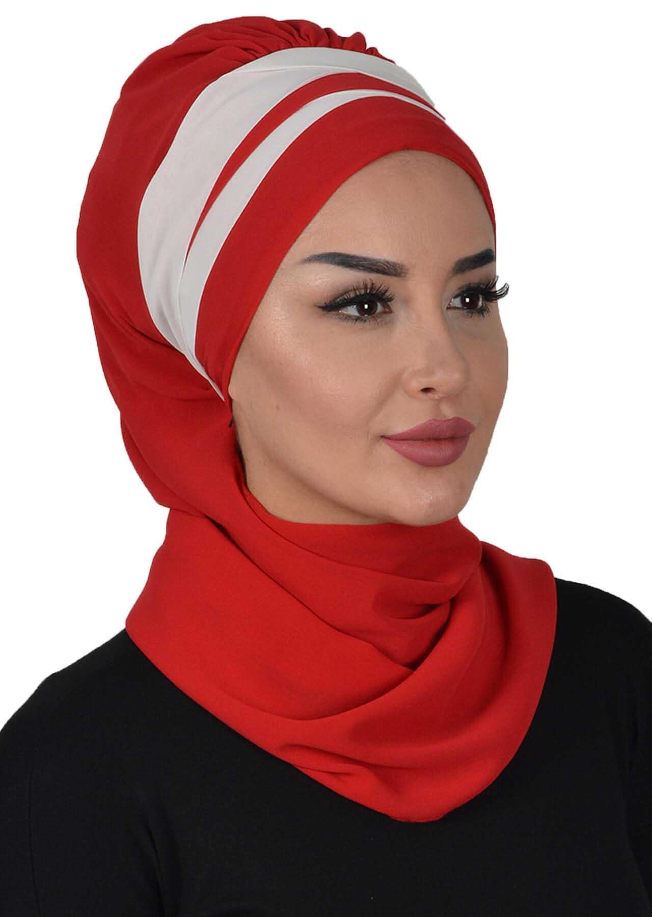 Çapraz Dikim Çift Renkli Fularlı Şifon Hazır Türban,HT-52,HT-52