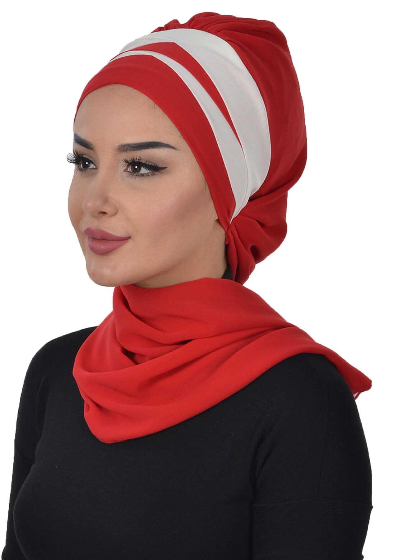 Çapraz Dikim Çift Renkli Fularlı Şifon Hazır Türban,HT-52,HT-52