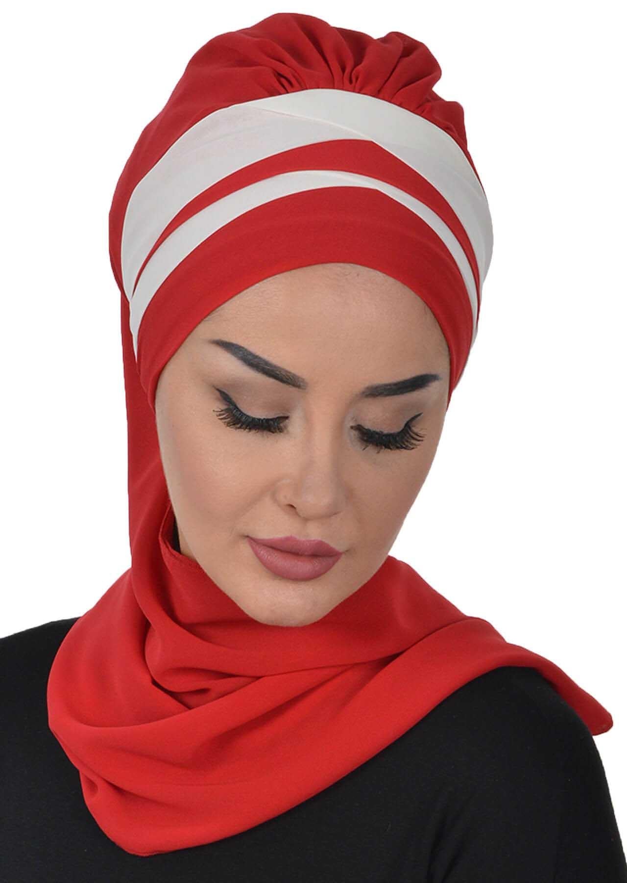 Çapraz Dikim Çift Renkli Fularlı Şifon Hazır Türban,HT-52,HT-52
