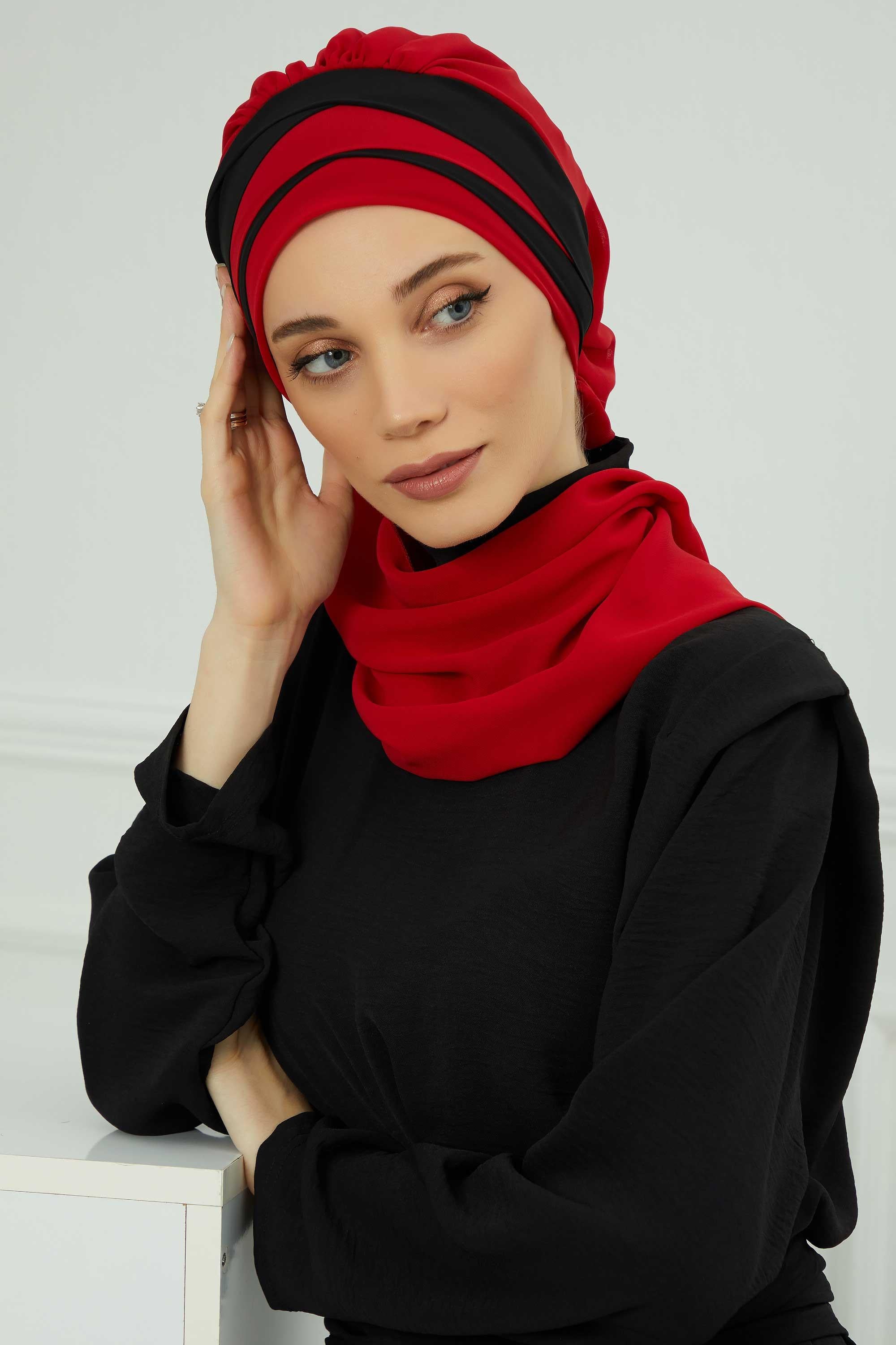 Çapraz Dikim Çift Renkli Fularlı Şifon Hazır Türban,HT-52,HT-52