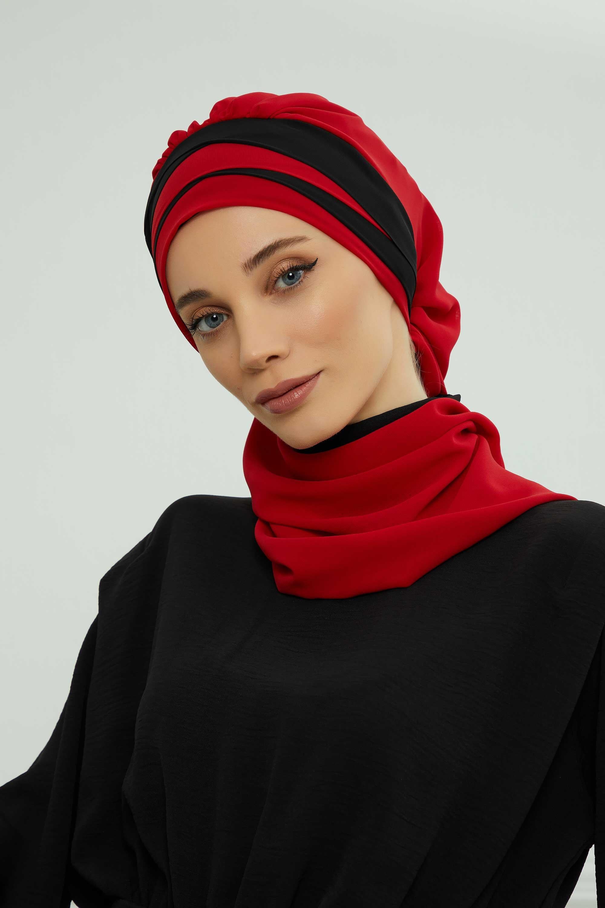 Çapraz Dikim Çift Renkli Fularlı Şifon Hazır Türban,HT-52,HT-52