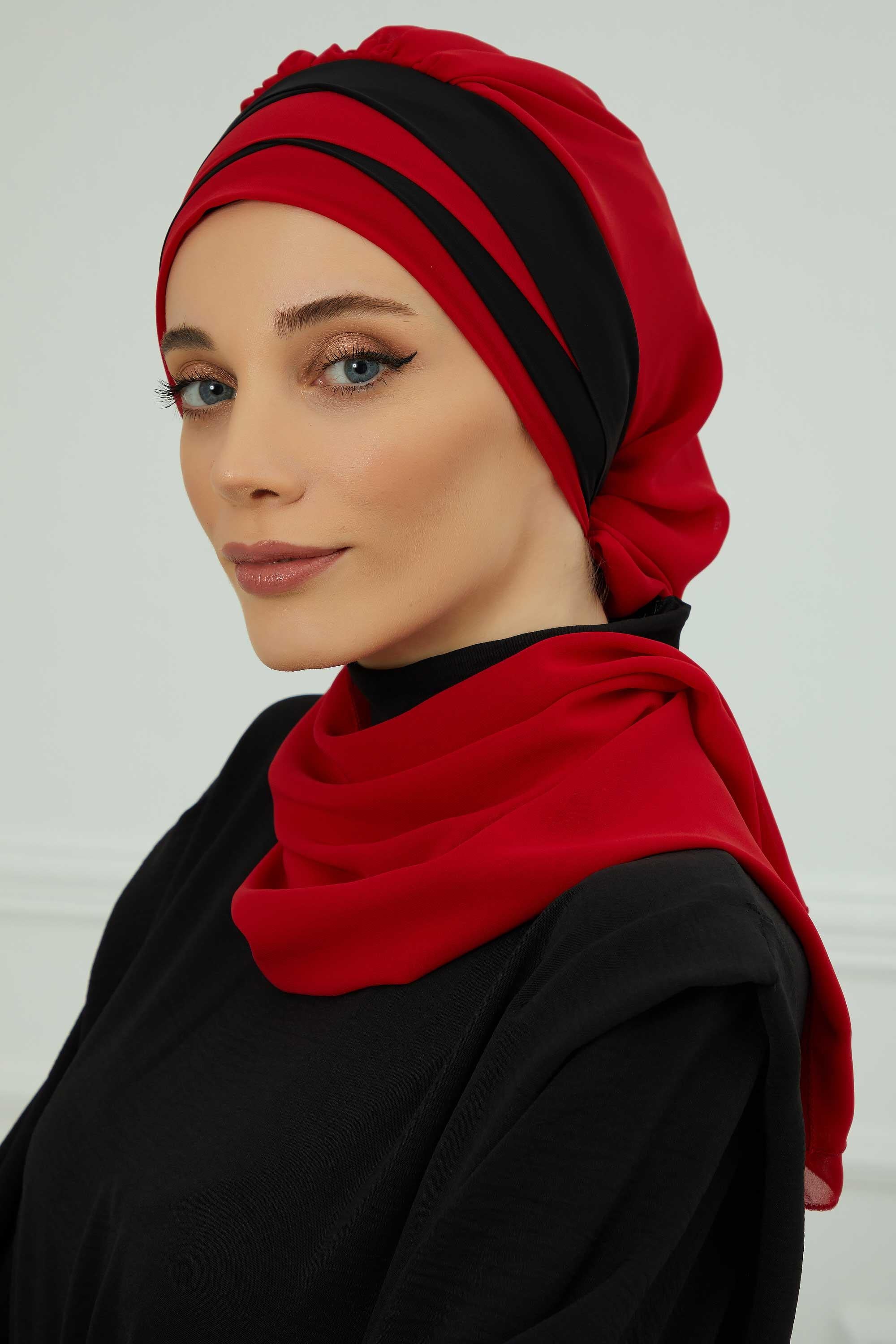 Çapraz Dikim Çift Renkli Fularlı Şifon Hazır Türban,HT-52,HT-52