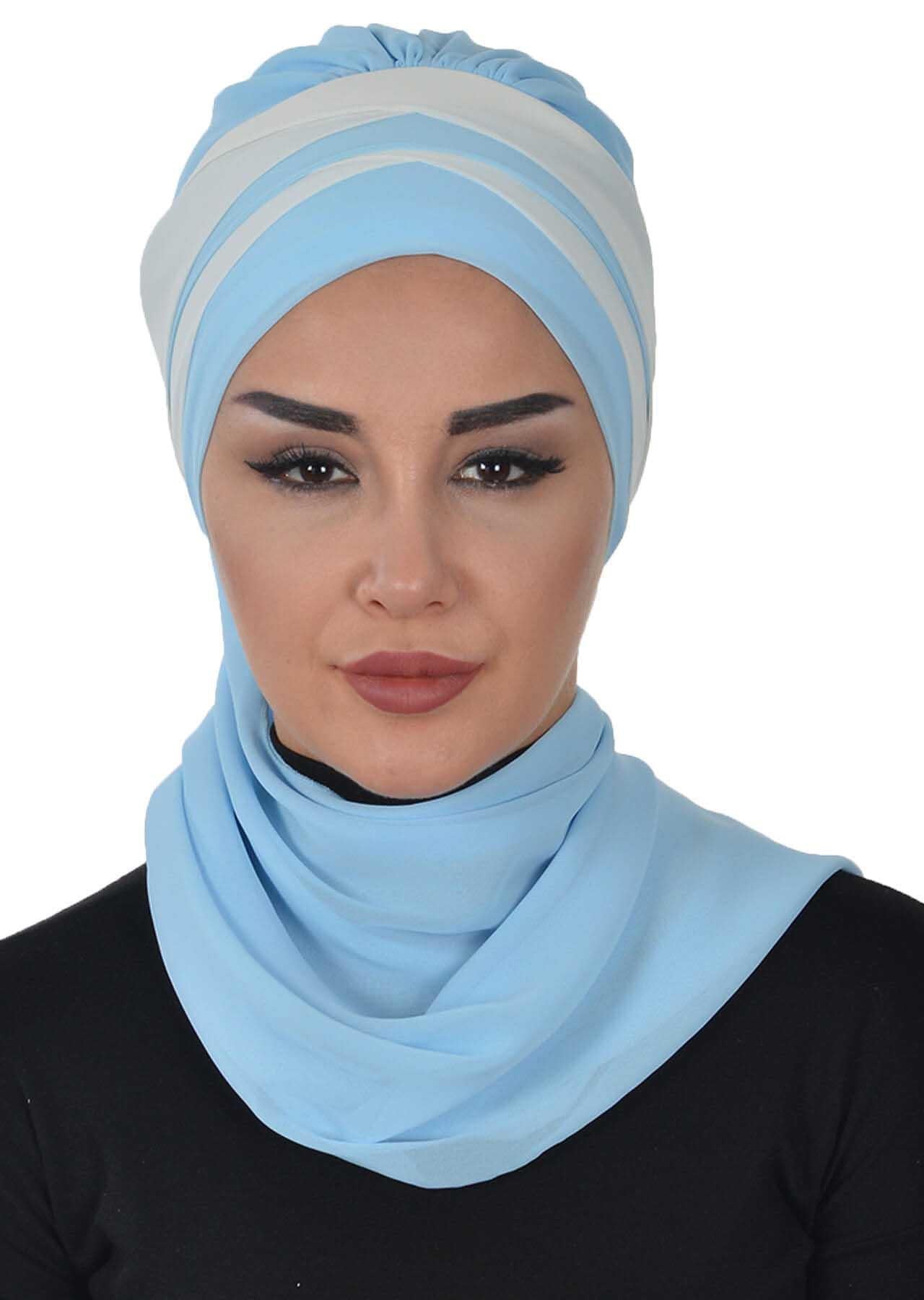 Çapraz Dikim Çift Renkli Fularlı Şifon Hazır Türban,HT-52,HT-52
