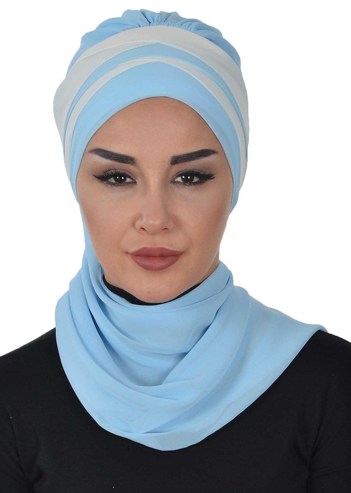 Çapraz Dikim Çift Renkli Fularlı Şifon Hazır Türban,HT-52,HT-52