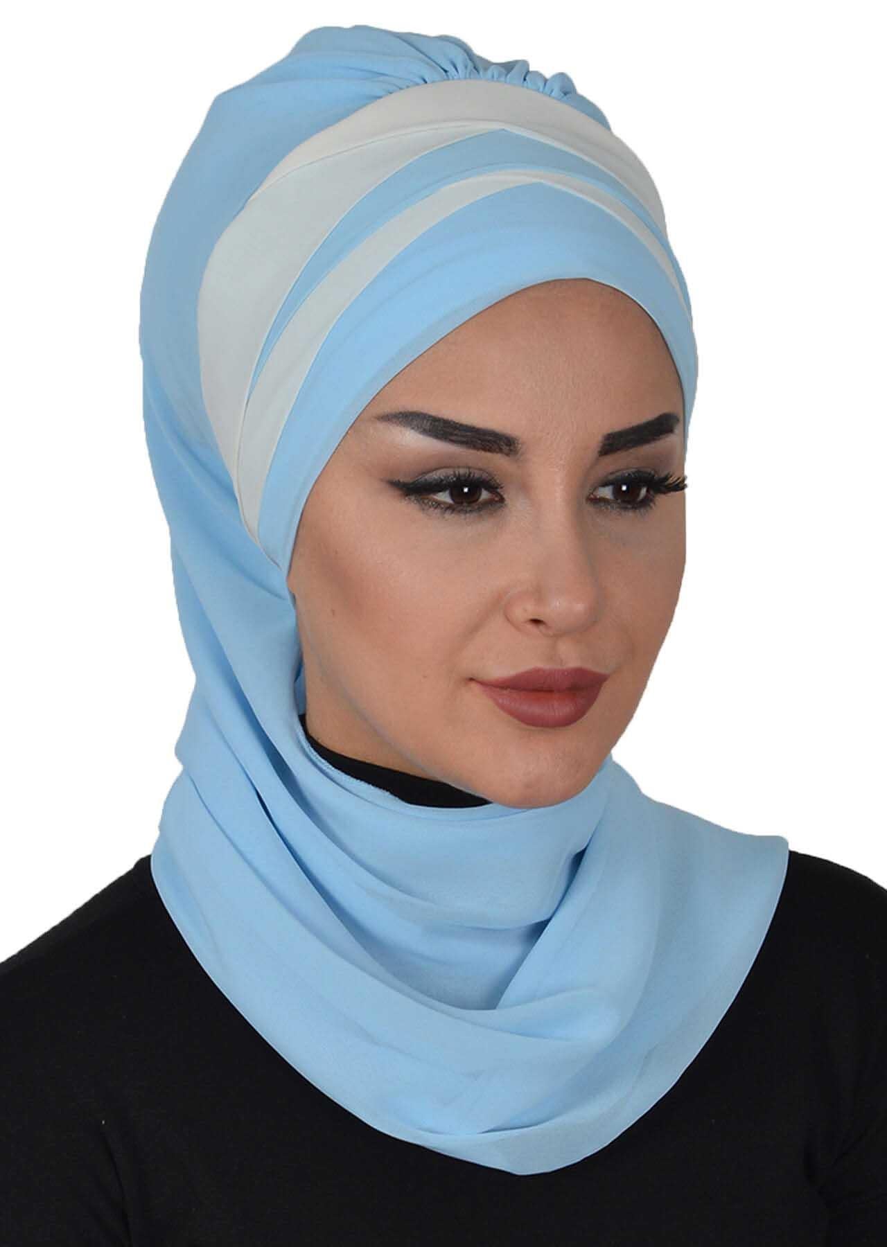 Çapraz Dikim Çift Renkli Fularlı Şifon Hazır Türban,HT-52,HT-52