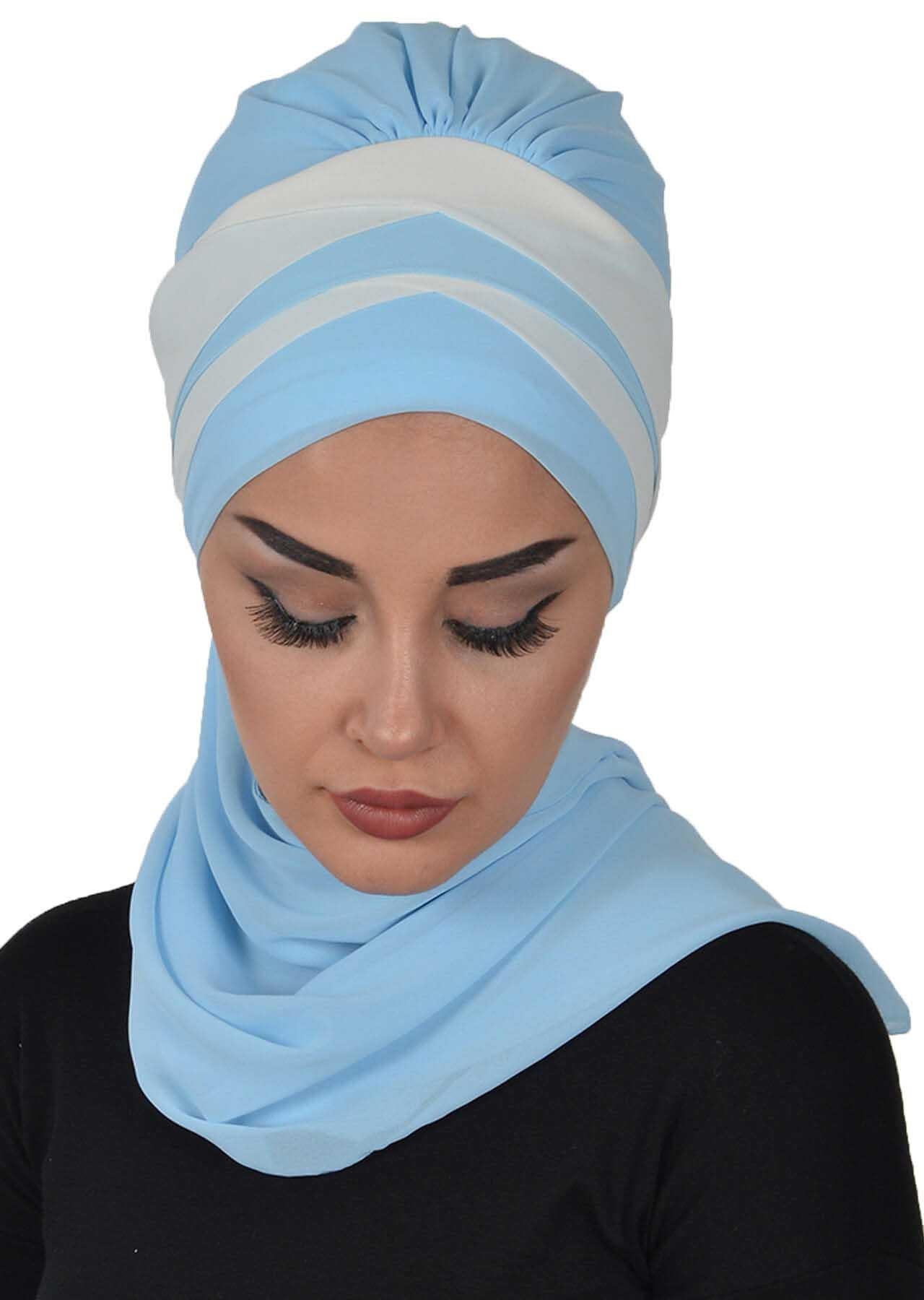 Çapraz Dikim Çift Renkli Fularlı Şifon Hazır Türban,HT-52,HT-52