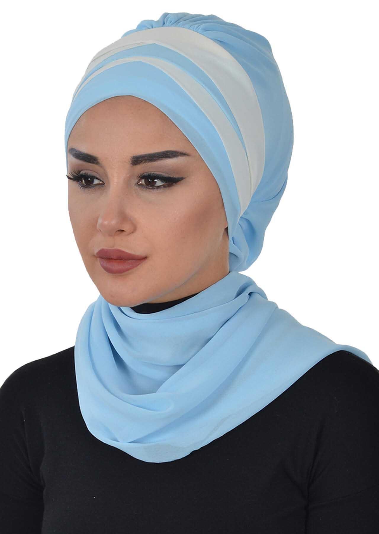 Çapraz Dikim Çift Renkli Fularlı Şifon Hazır Türban,HT-52,HT-52