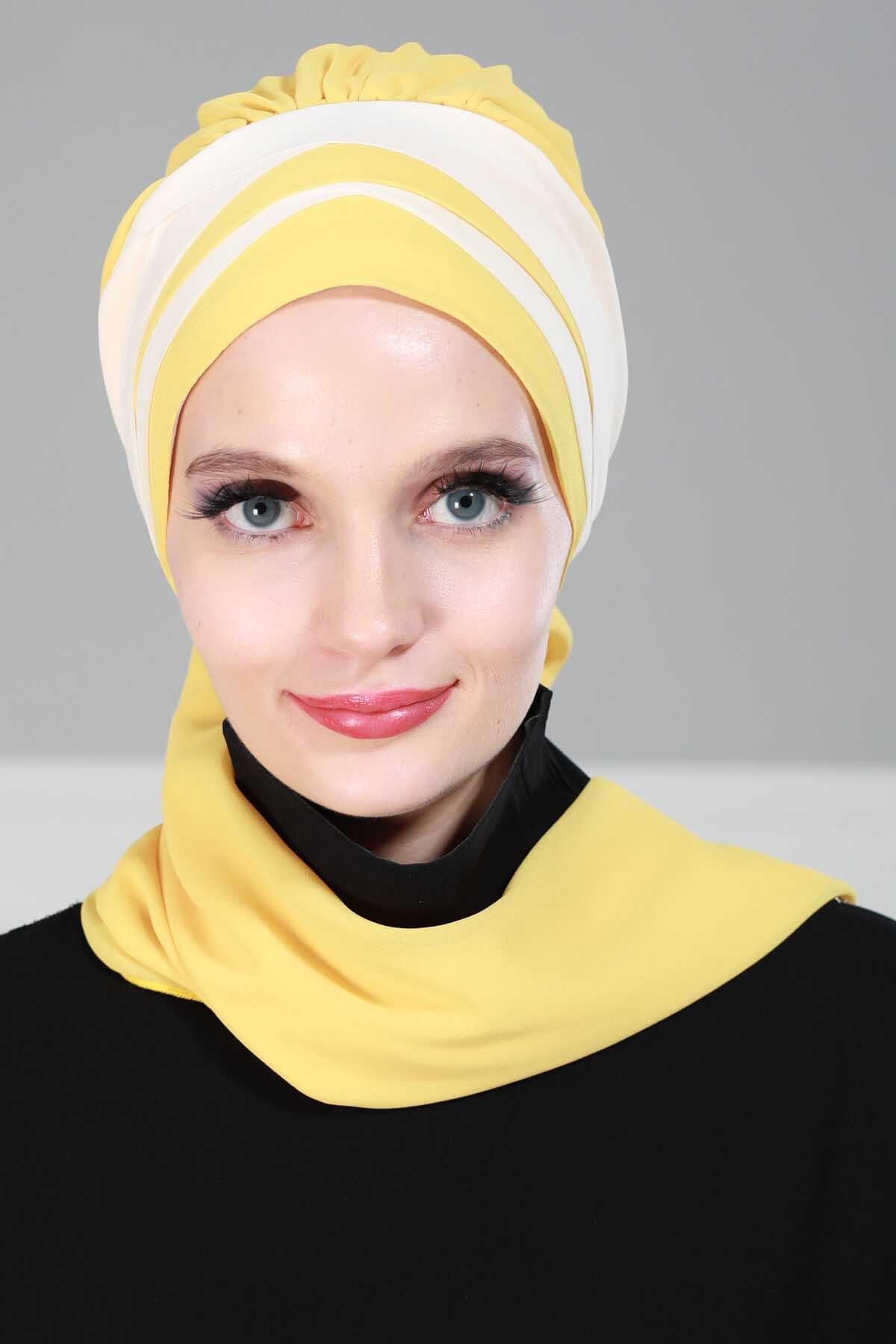 Çapraz Dikim Çift Renkli Fularlı Şifon Hazır Türban,HT-52,HT-52
