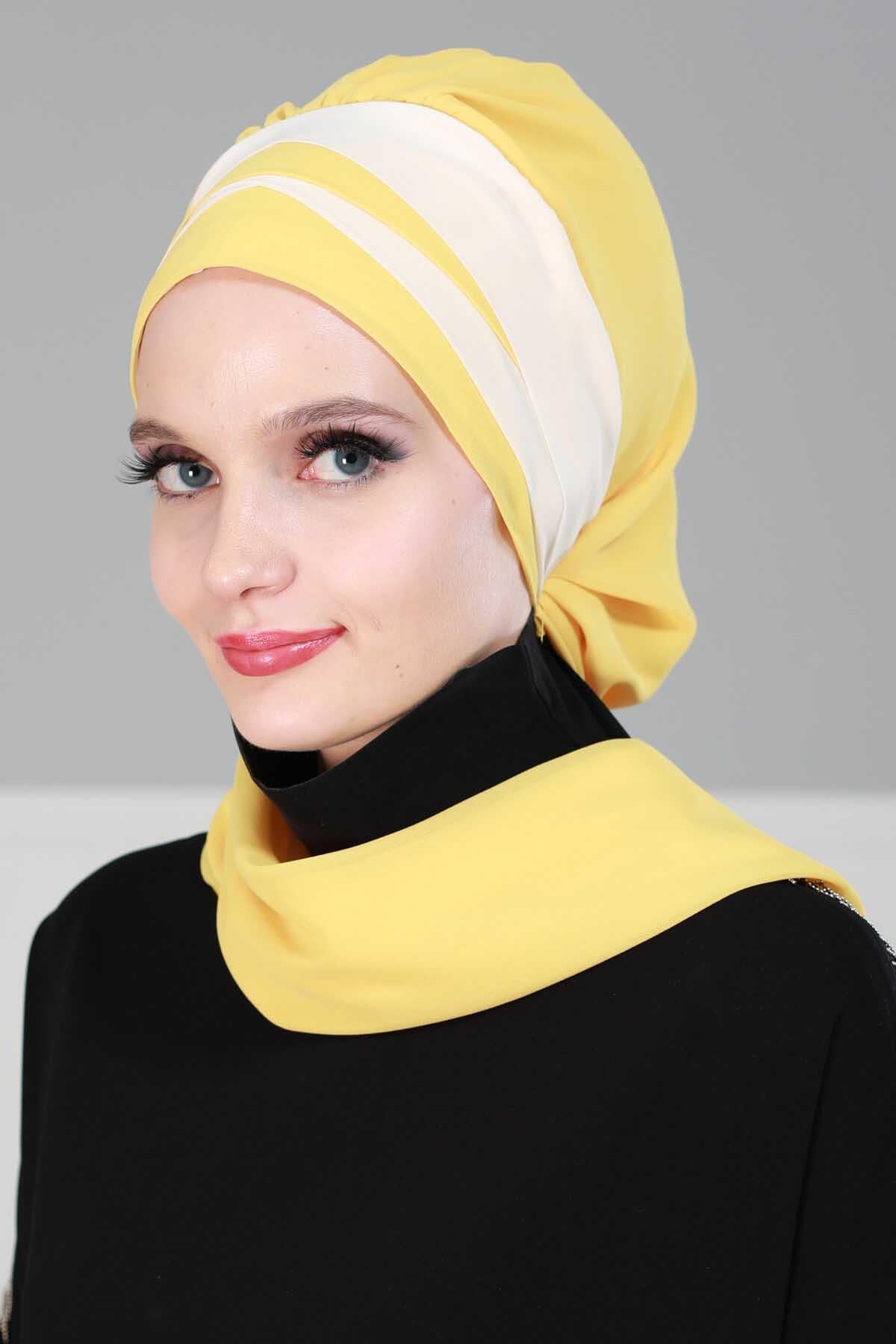 Çapraz Dikim Çift Renkli Fularlı Şifon Hazır Türban,HT-52,HT-52