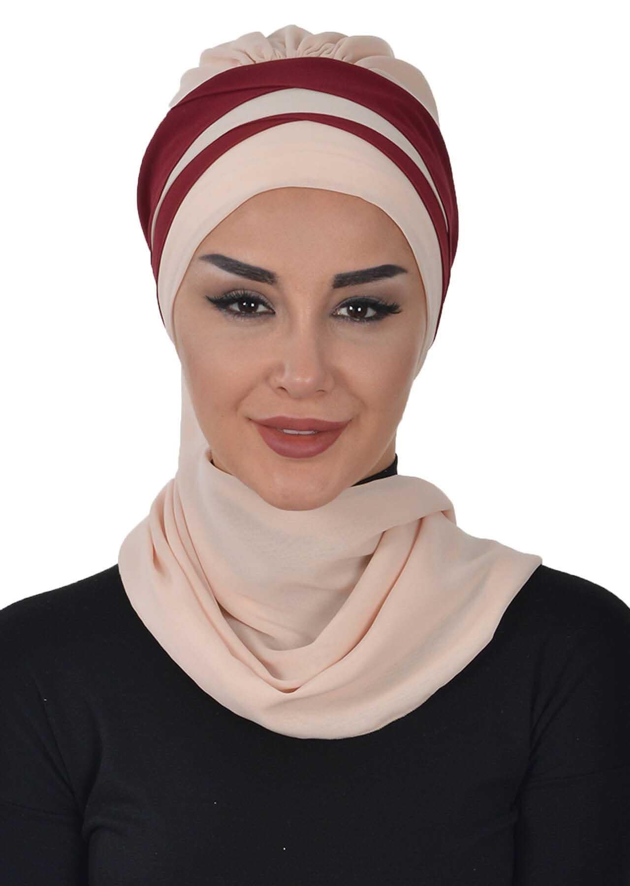 Çapraz Dikim Çift Renkli Fularlı Şifon Hazır Türban,HT-52,HT-52