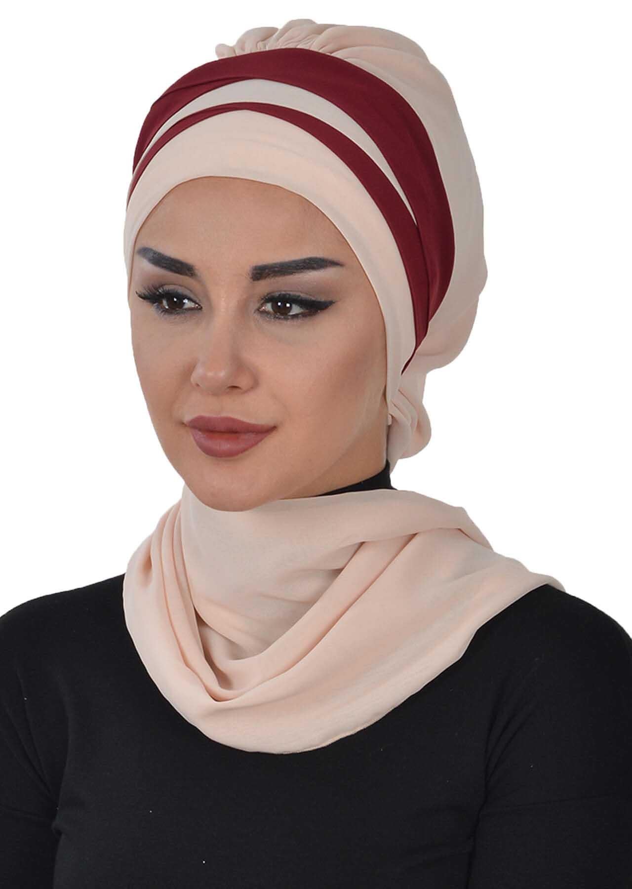 Çapraz Dikim Çift Renkli Fularlı Şifon Hazır Türban,HT-52,HT-52