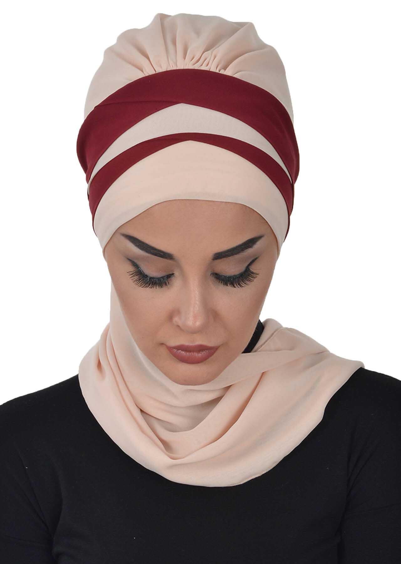 Çapraz Dikim Çift Renkli Fularlı Şifon Hazır Türban,HT-52,HT-52