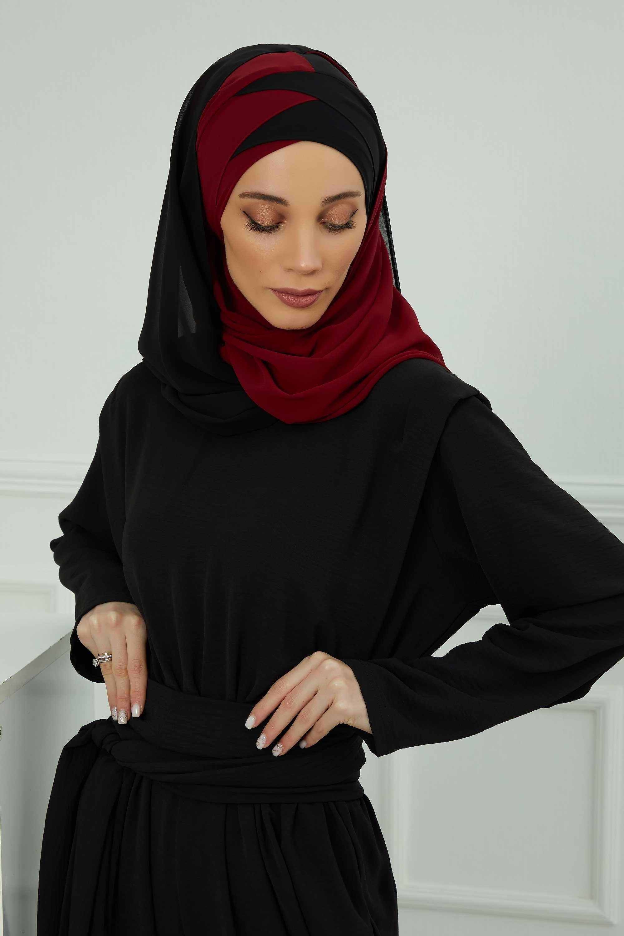 Çapraz Dikim Çift Renkli Pratik Şifon Şal,CPS-84,CPS-84