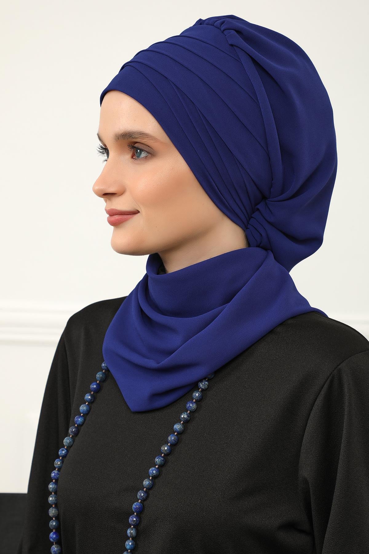 Çapraz Dikim Fularlı Tasarım Şifon Hazır Türban,HT-48