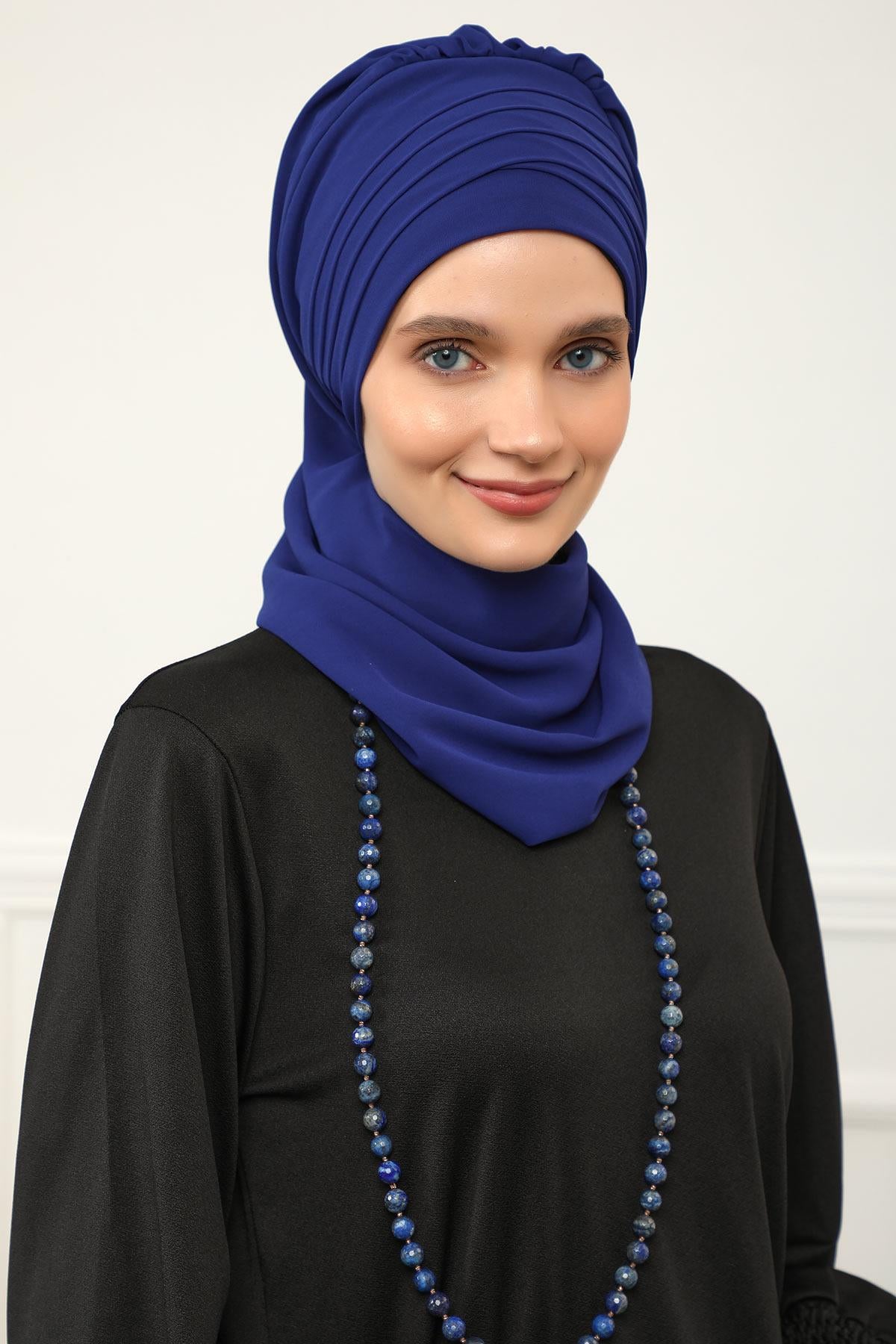 Çapraz Dikim Fularlı Tasarım Şifon Hazır Türban,HT-48