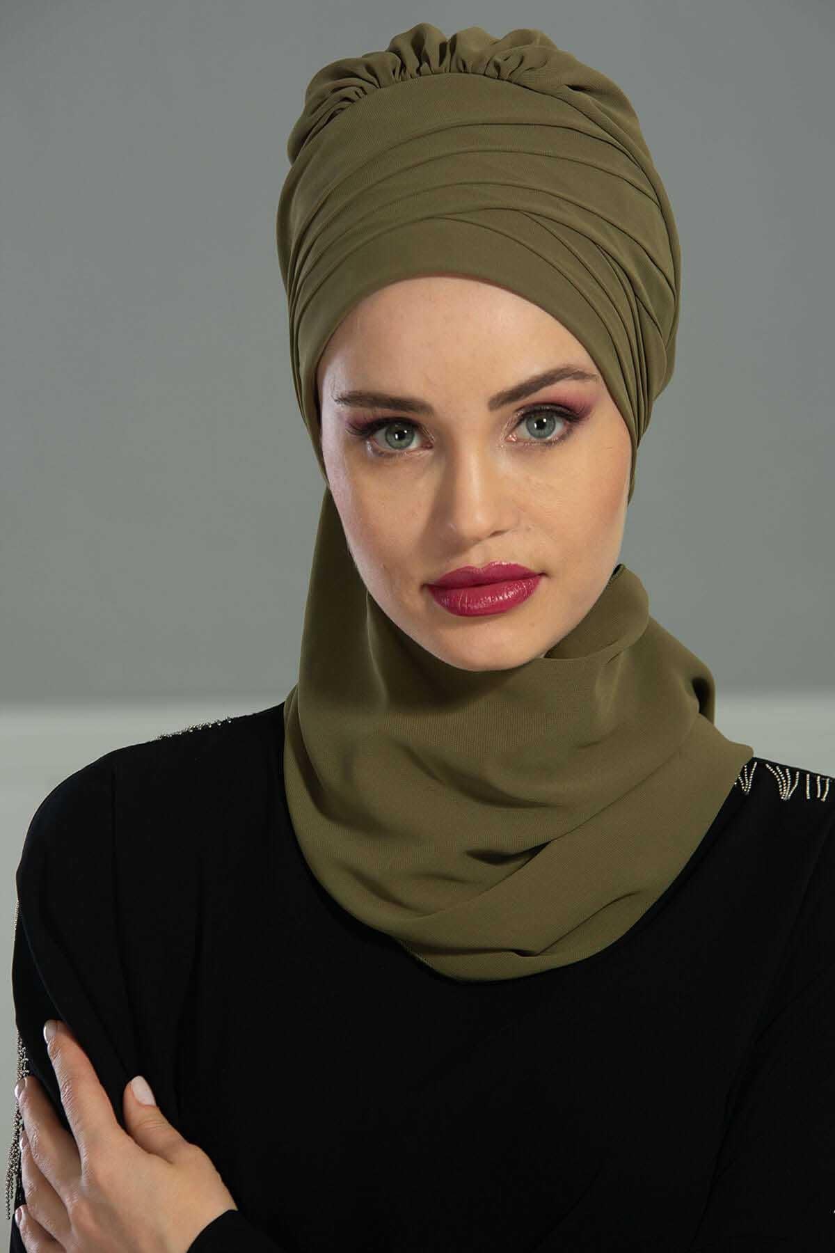 Çapraz Dikim Fularlı Tasarım Şifon Hazır Türban,HT-48