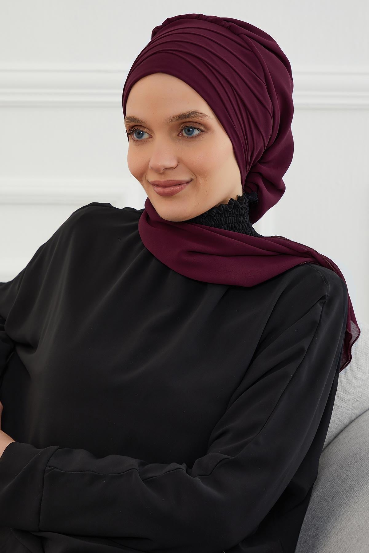 Çapraz Dikim Fularlı Tasarım Şifon Hazır Türban,HT-48