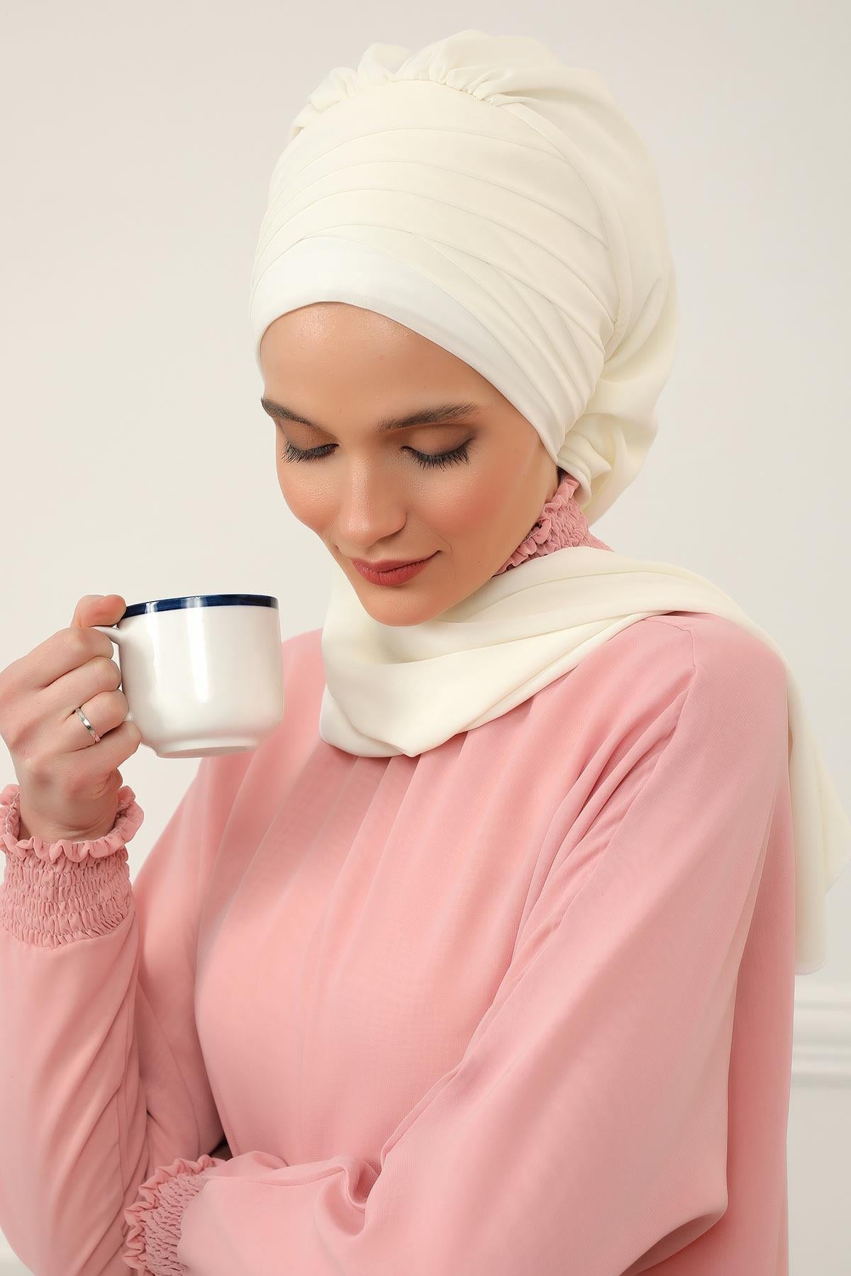 Çapraz Dikim Fularlı Tasarım Şifon Hazır Türban,HT-48