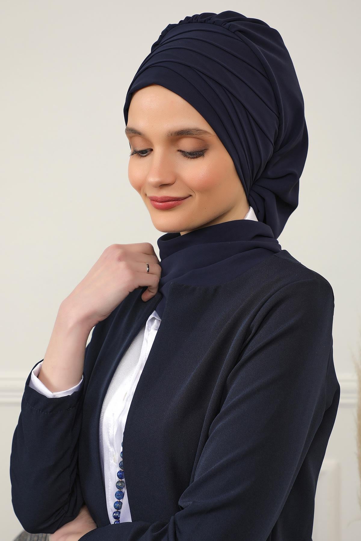 Çapraz Dikim Fularlı Tasarım Şifon Hazır Türban,HT-48