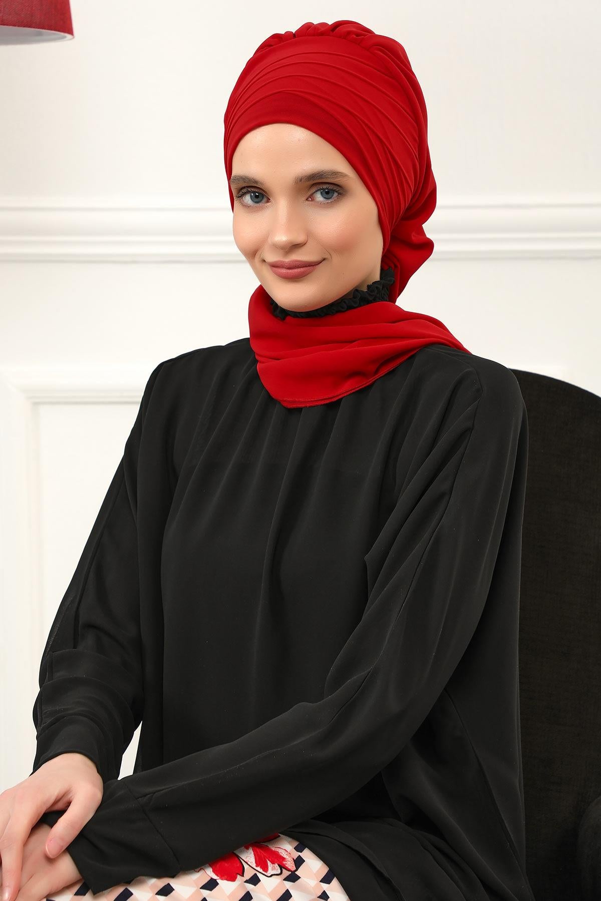 Çapraz Dikim Fularlı Tasarım Şifon Hazır Türban,HT-48