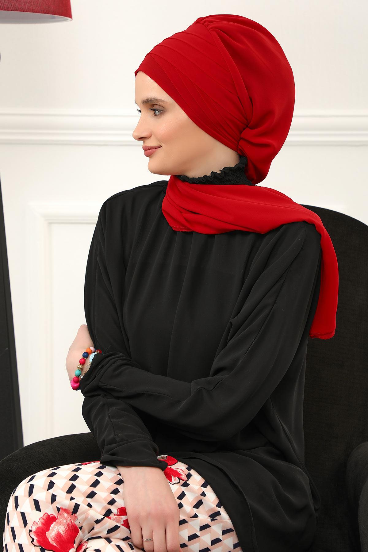 Çapraz Dikim Fularlı Tasarım Şifon Hazır Türban,HT-48