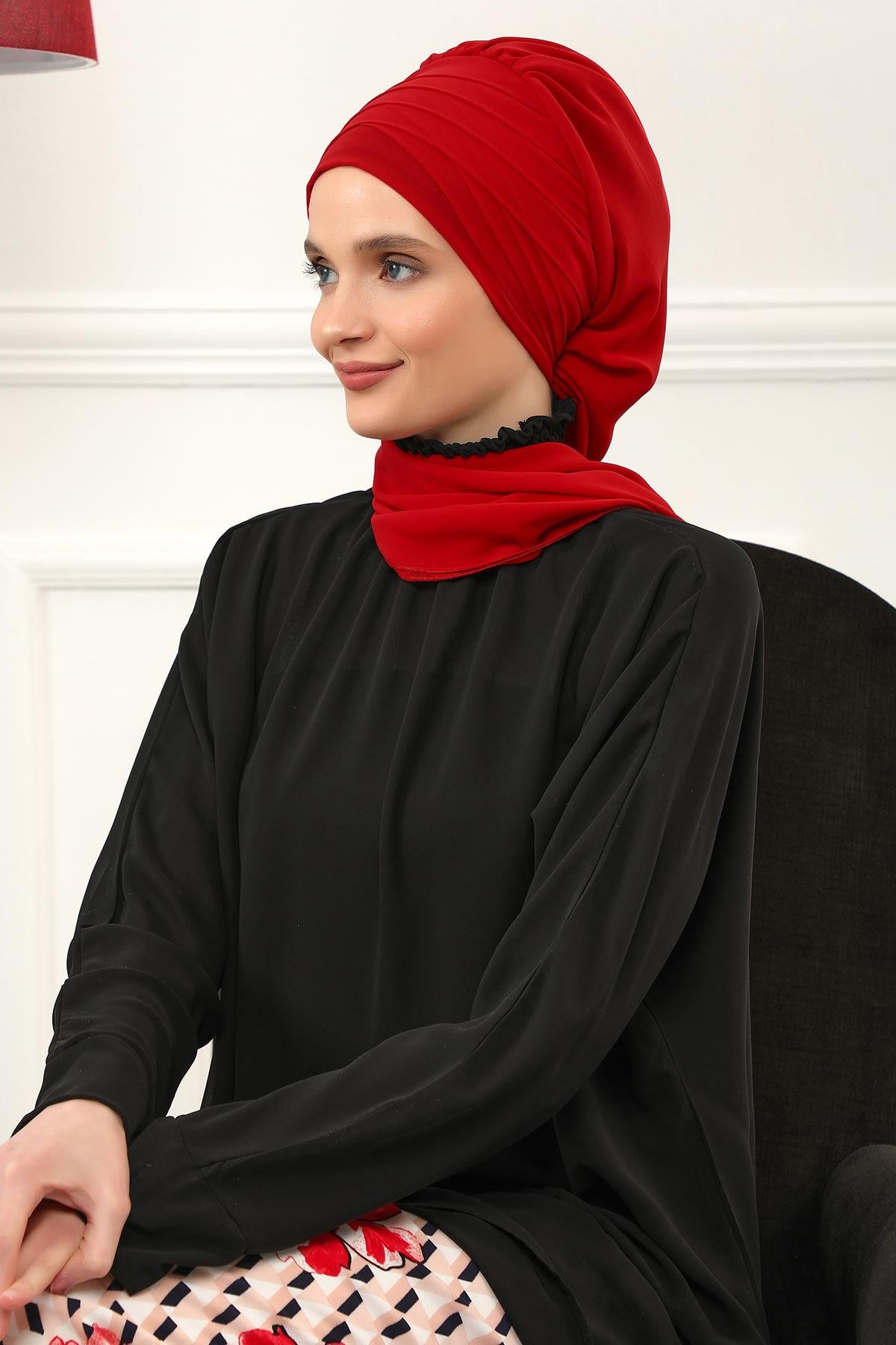 Çapraz Dikim Fularlı Tasarım Şifon Hazır Türban,HT-48