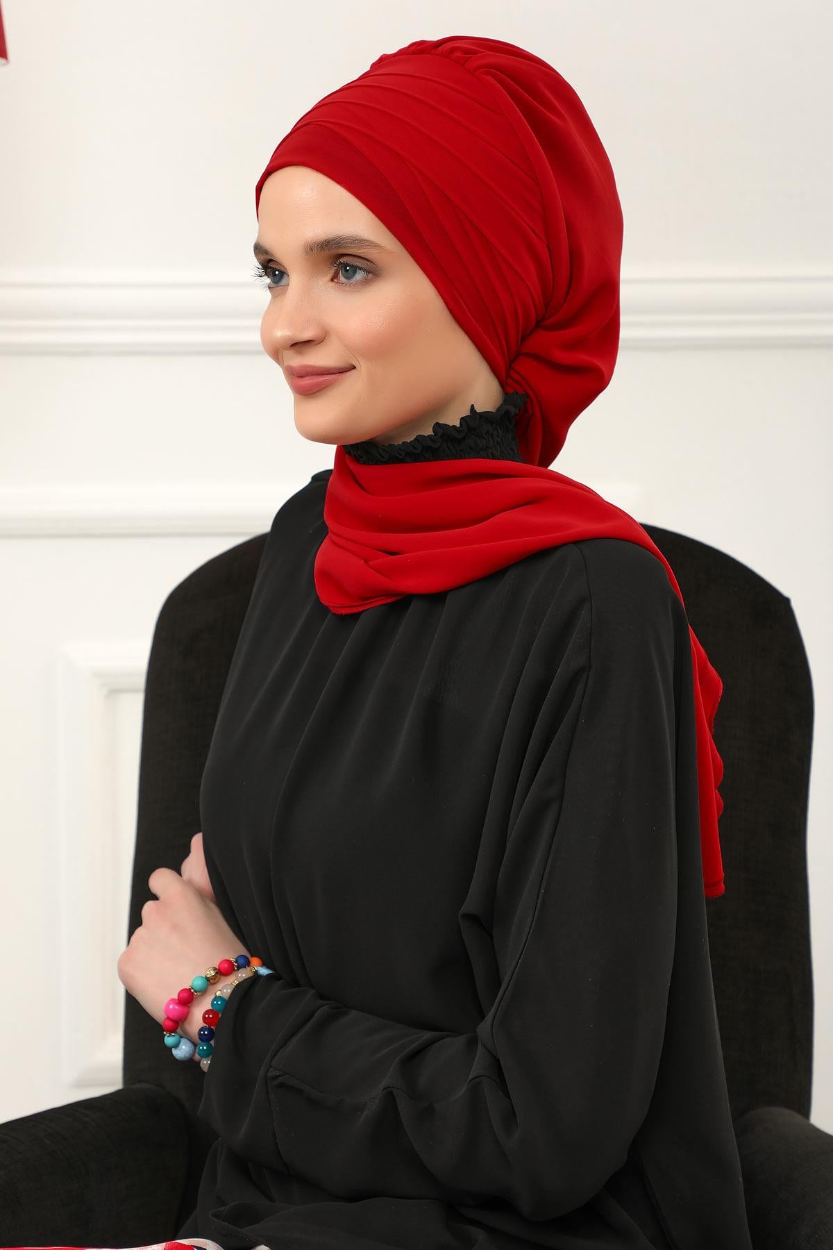 Çapraz Dikim Fularlı Tasarım Şifon Hazır Türban,HT-48