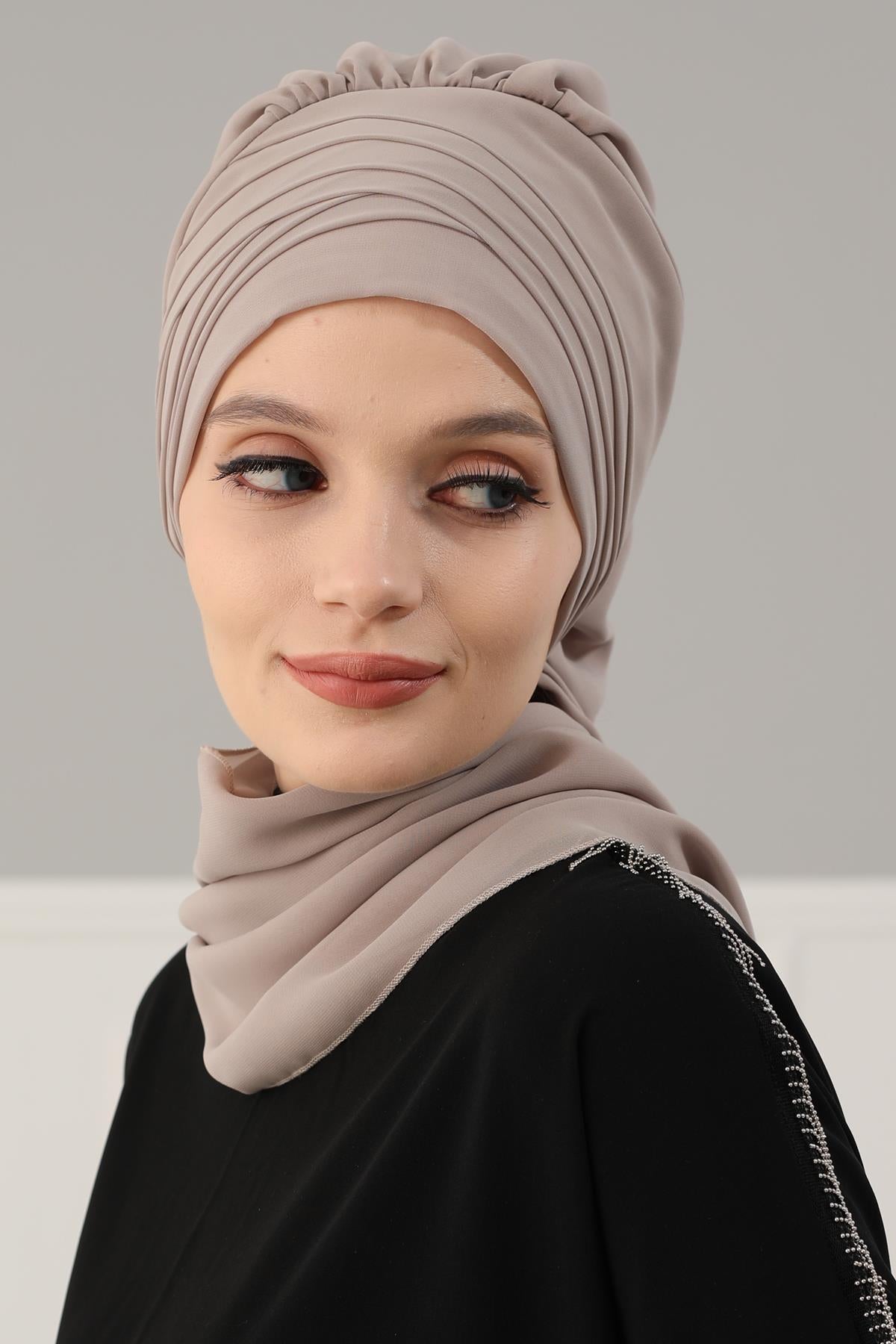 Çapraz Dikim Fularlı Tasarım Şifon Hazır Türban,HT-48