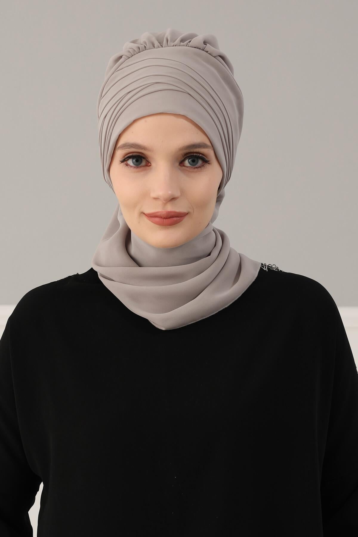 Çapraz Dikim Fularlı Tasarım Şifon Hazır Türban,HT-48