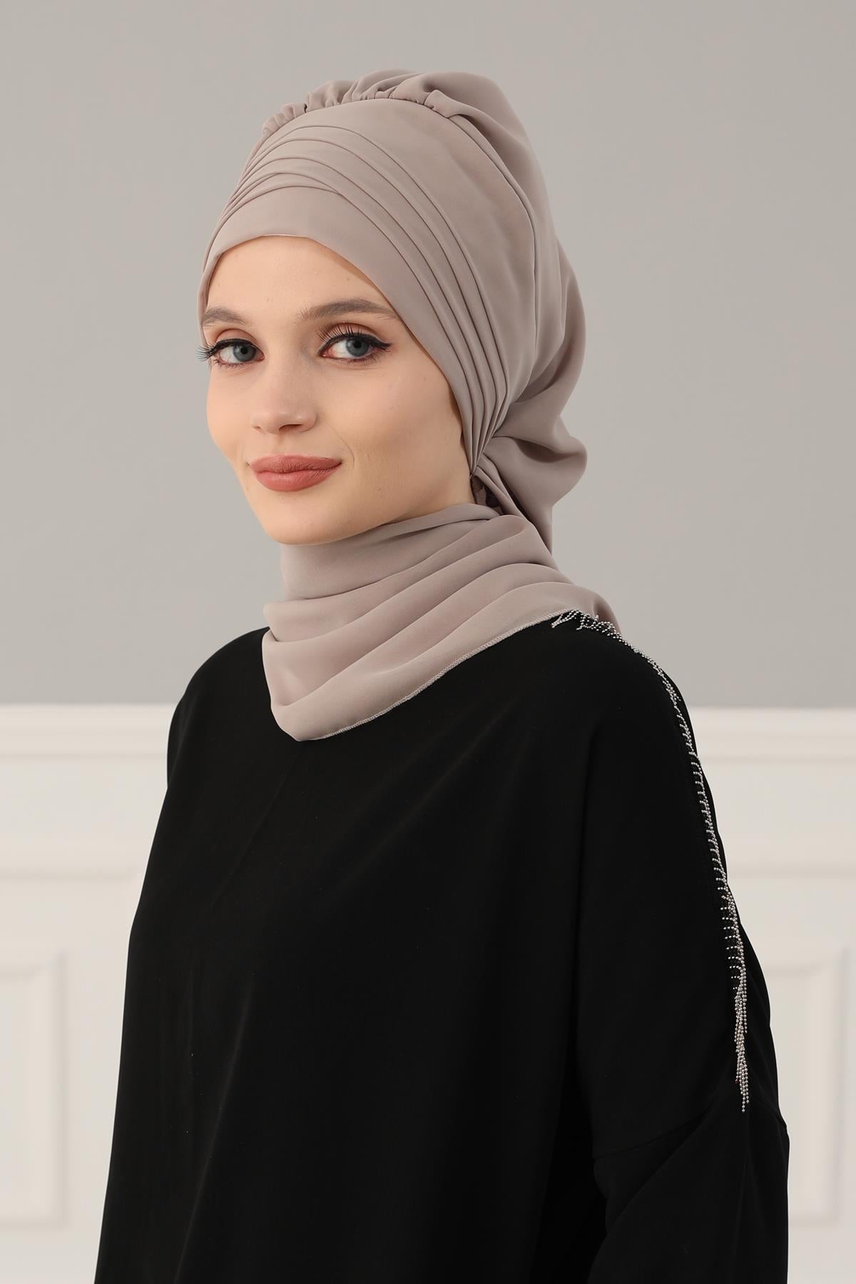 Çapraz Dikim Fularlı Tasarım Şifon Hazır Türban,HT-48