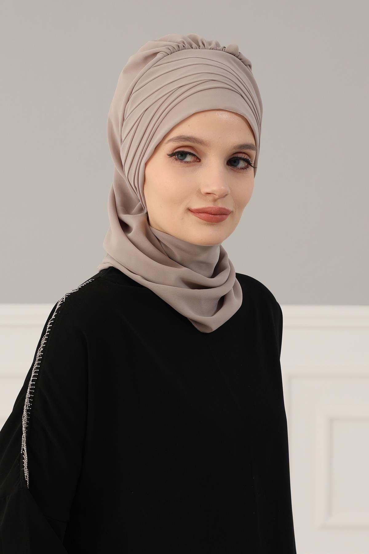 Çapraz Dikim Fularlı Tasarım Şifon Hazır Türban,HT-48