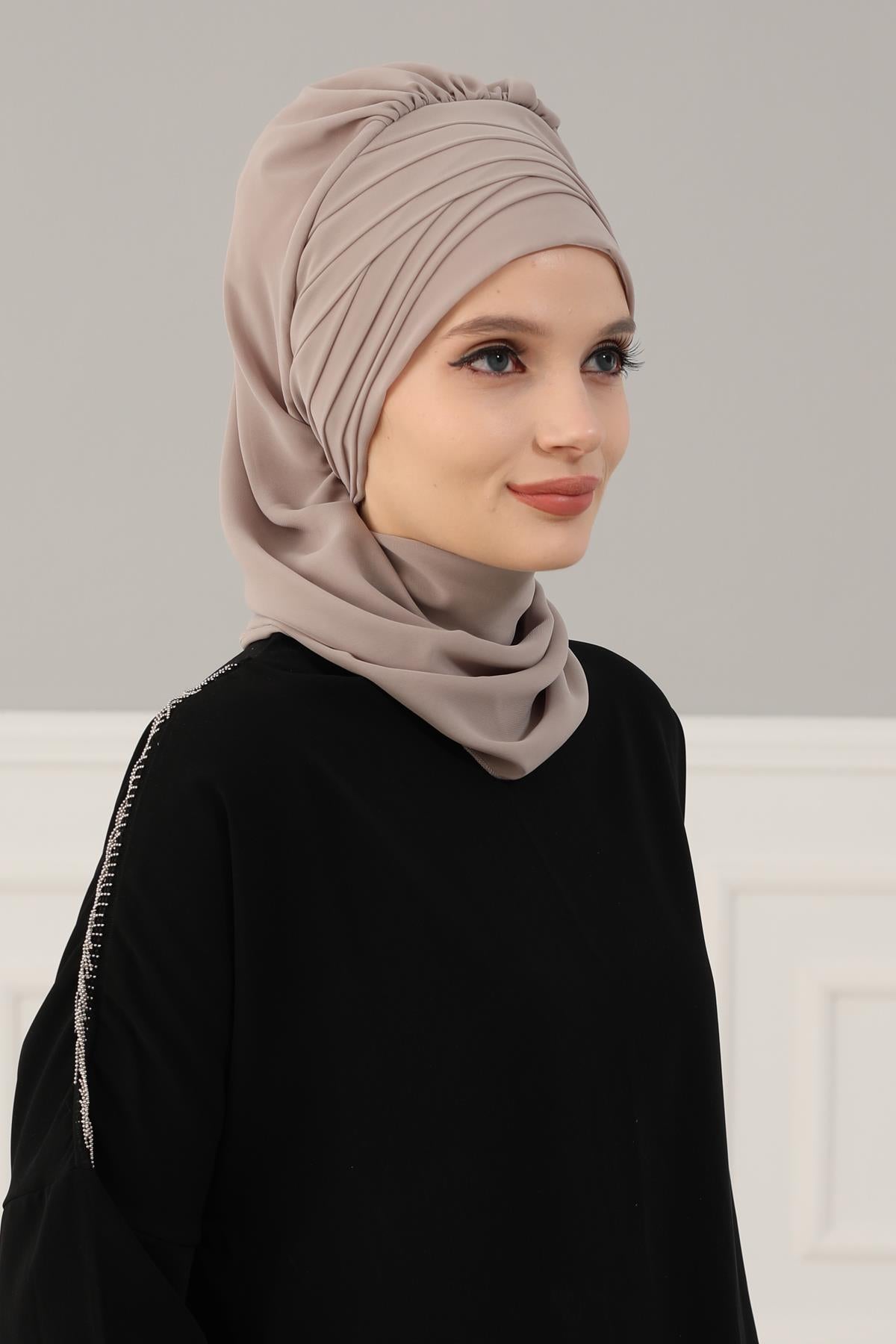Çapraz Dikim Fularlı Tasarım Şifon Hazır Türban,HT-48