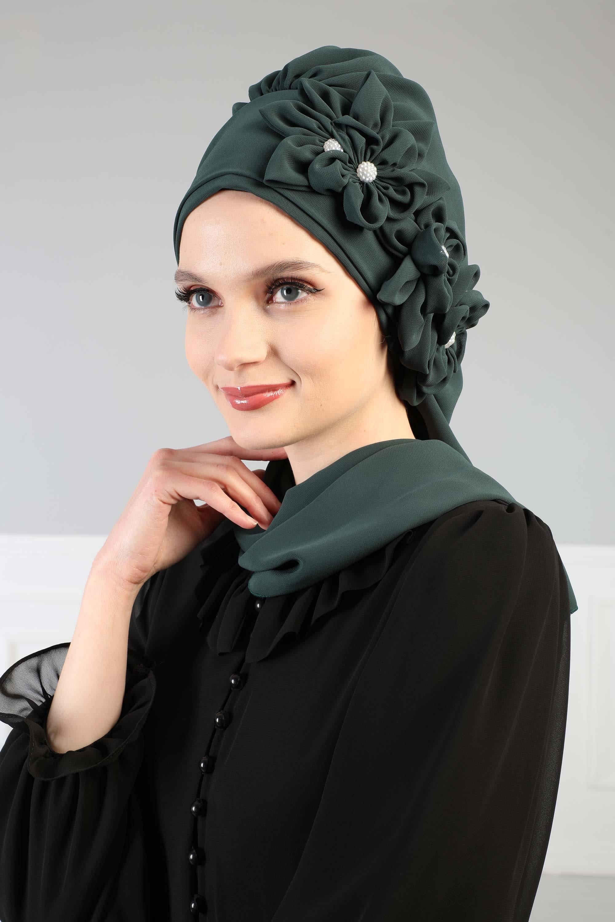 Çiçek Aksesuarlı Tasarım Hazır Şifon Türban,HT-27