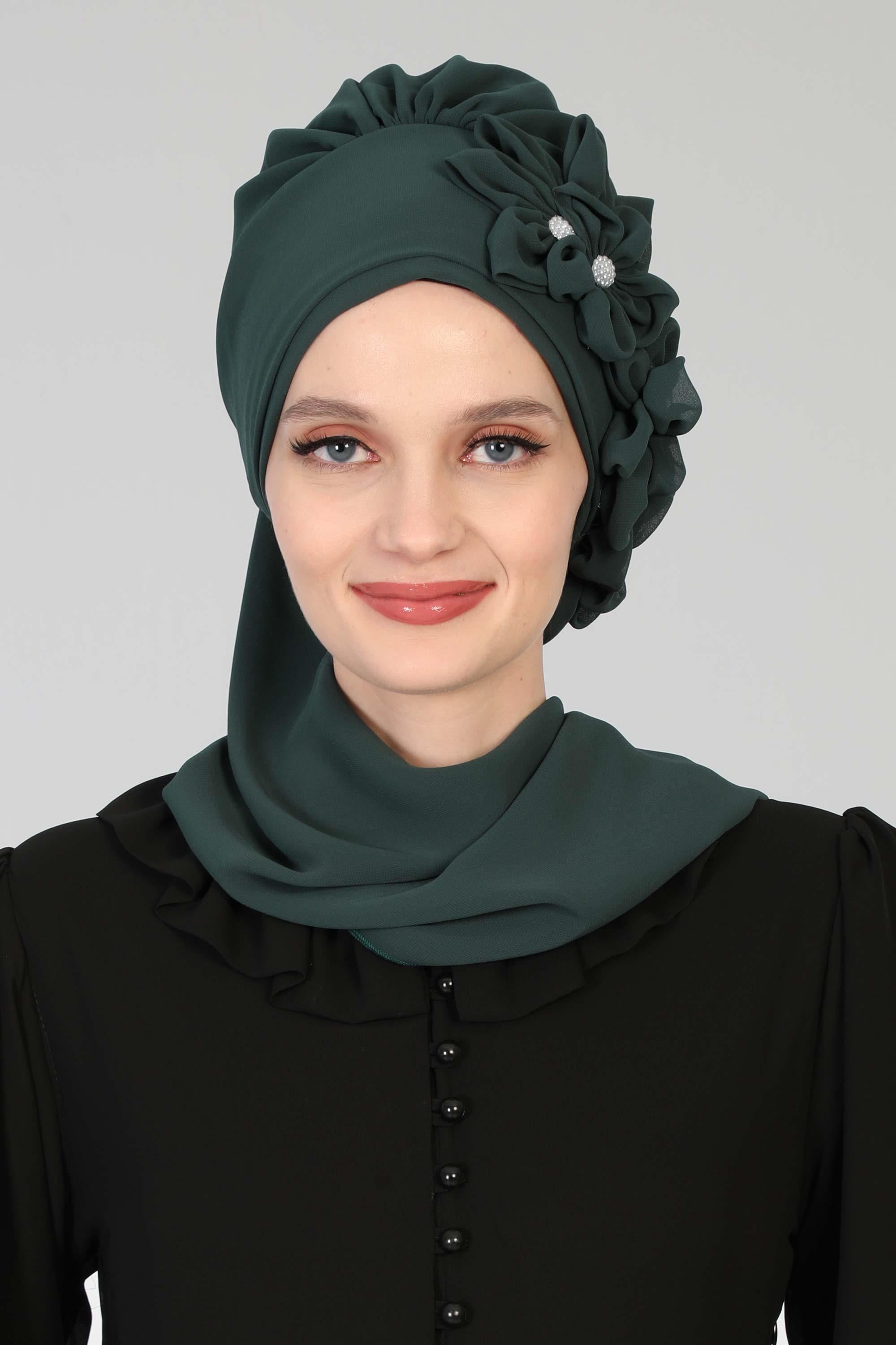 Çiçek Aksesuarlı Tasarım Hazır Şifon Türban,HT-27