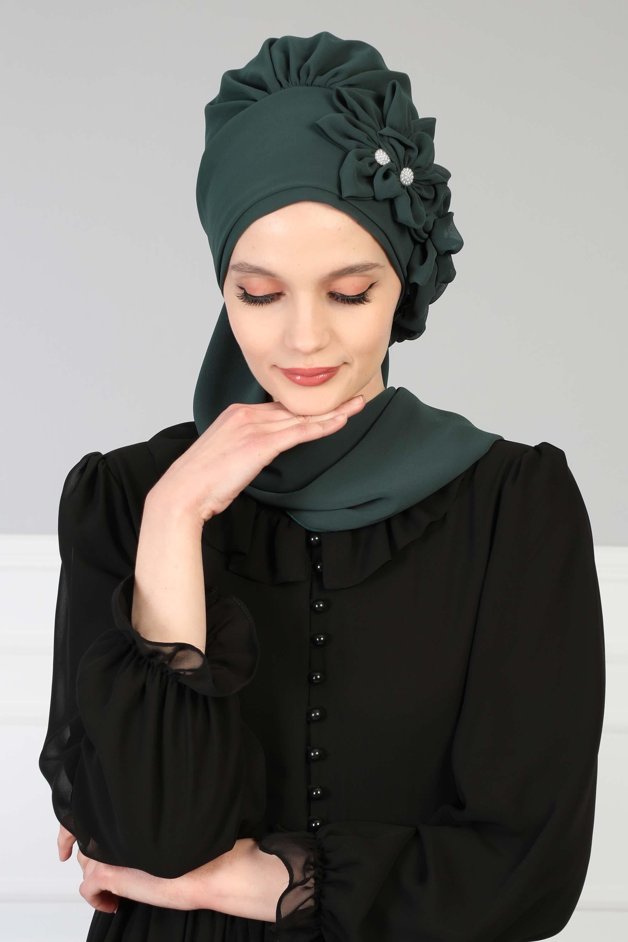 Çiçek Aksesuarlı Tasarım Hazır Şifon Türban,HT-27
